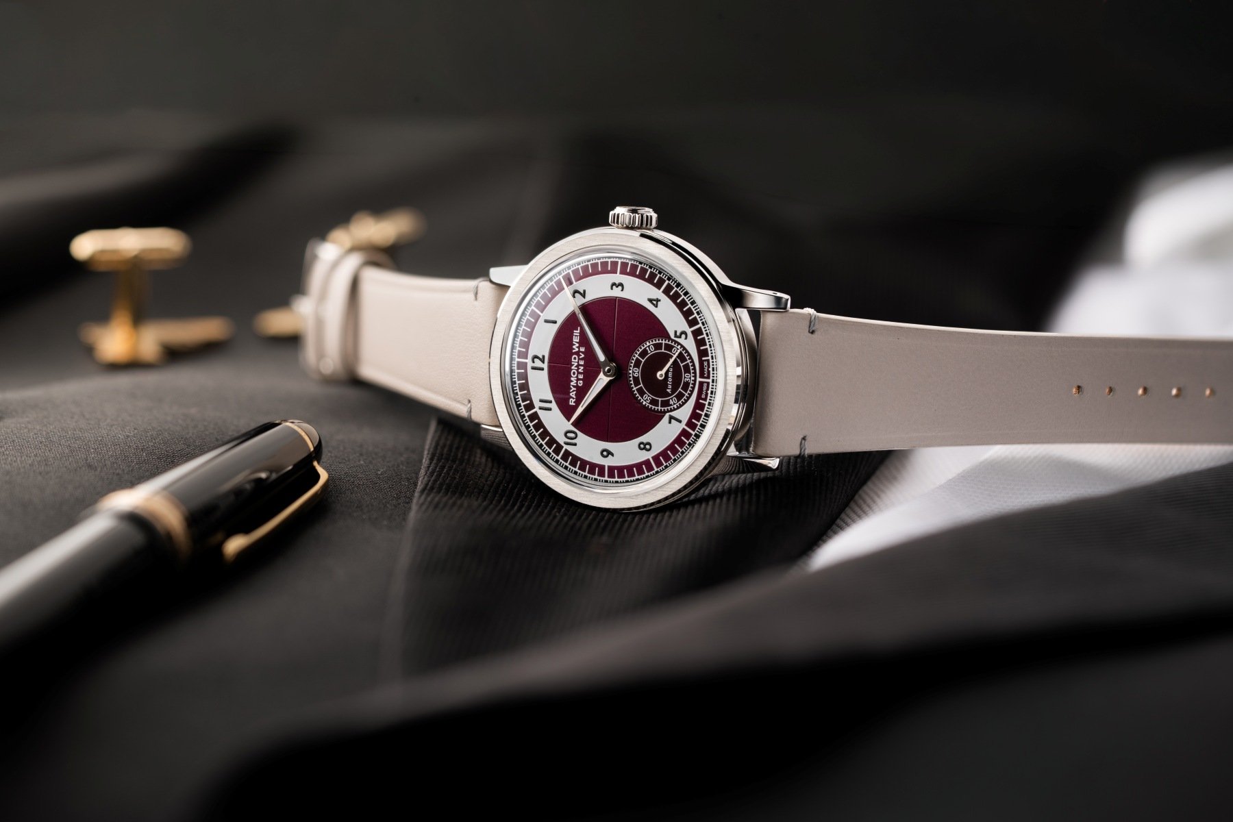 New Raymond Weil Millesime Small Seconds Tuxedo in red grape and light gray