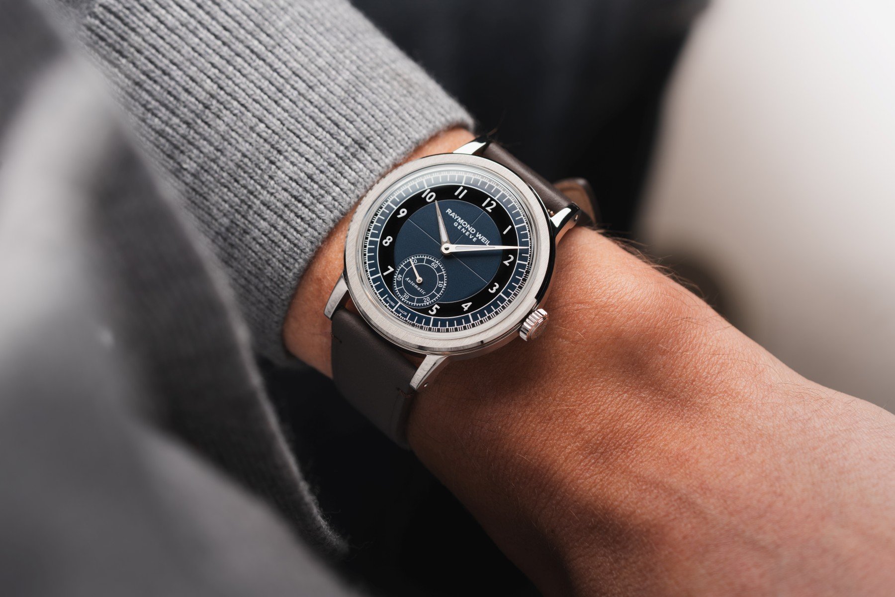 New Raymond Weil Millesime Small Seconds Tuxedo in midnight blue and black on the wrist