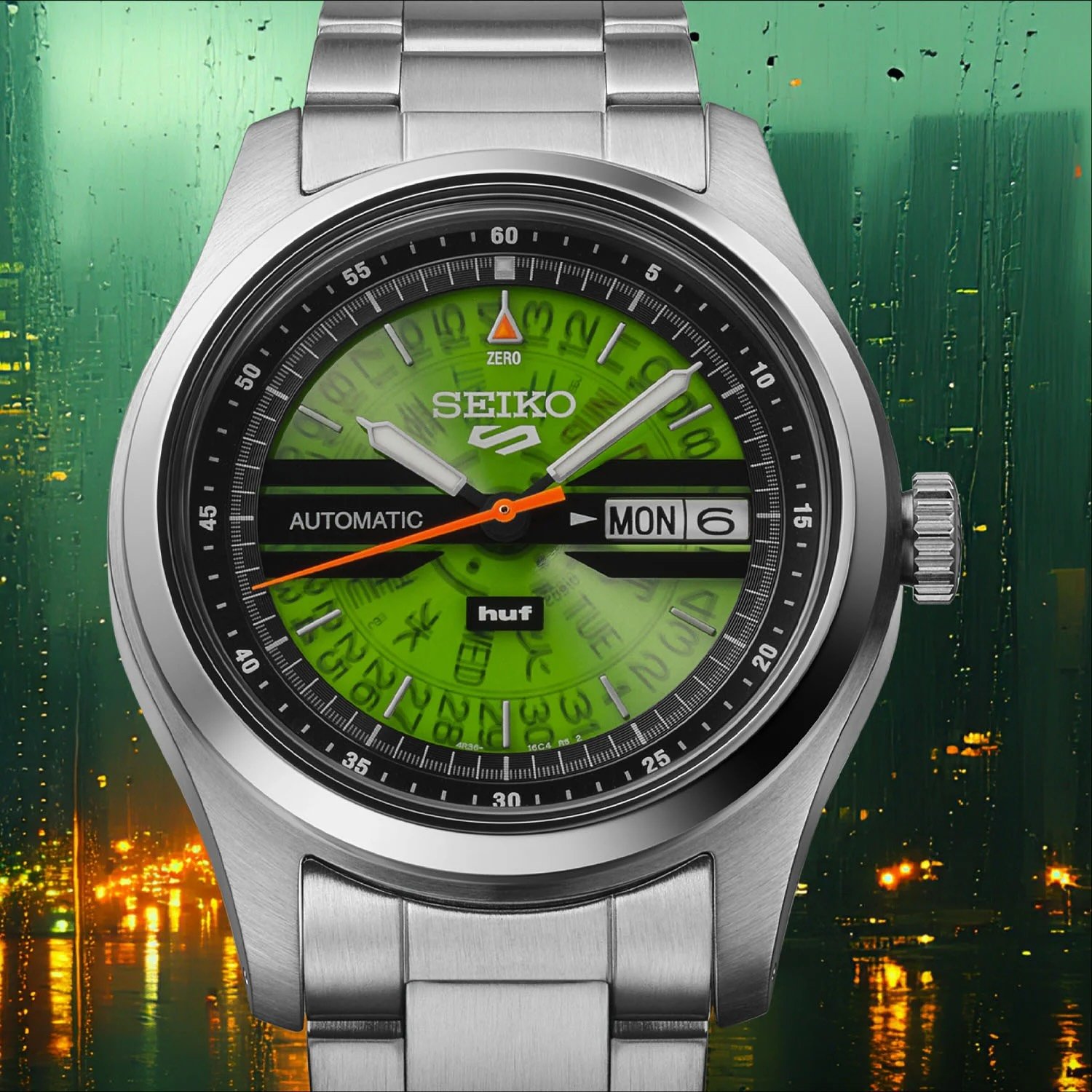 Seiko 5 Sports SRPM09 HUF Limited Edition head on, up close