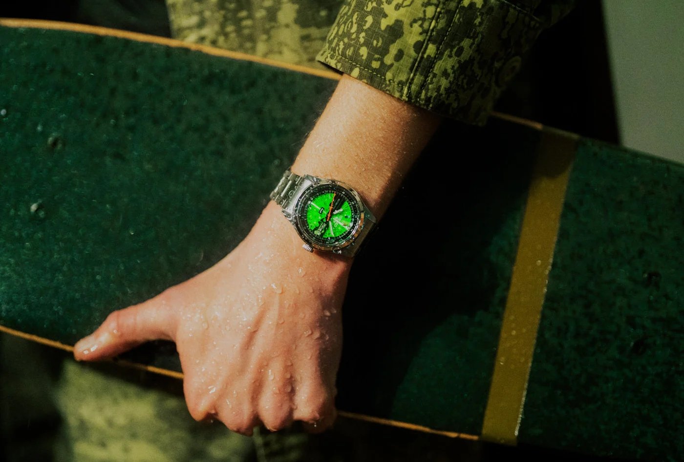 Seiko 5 Sports SRPM09 HUF Limited Edition on wrist, lifestyle shot