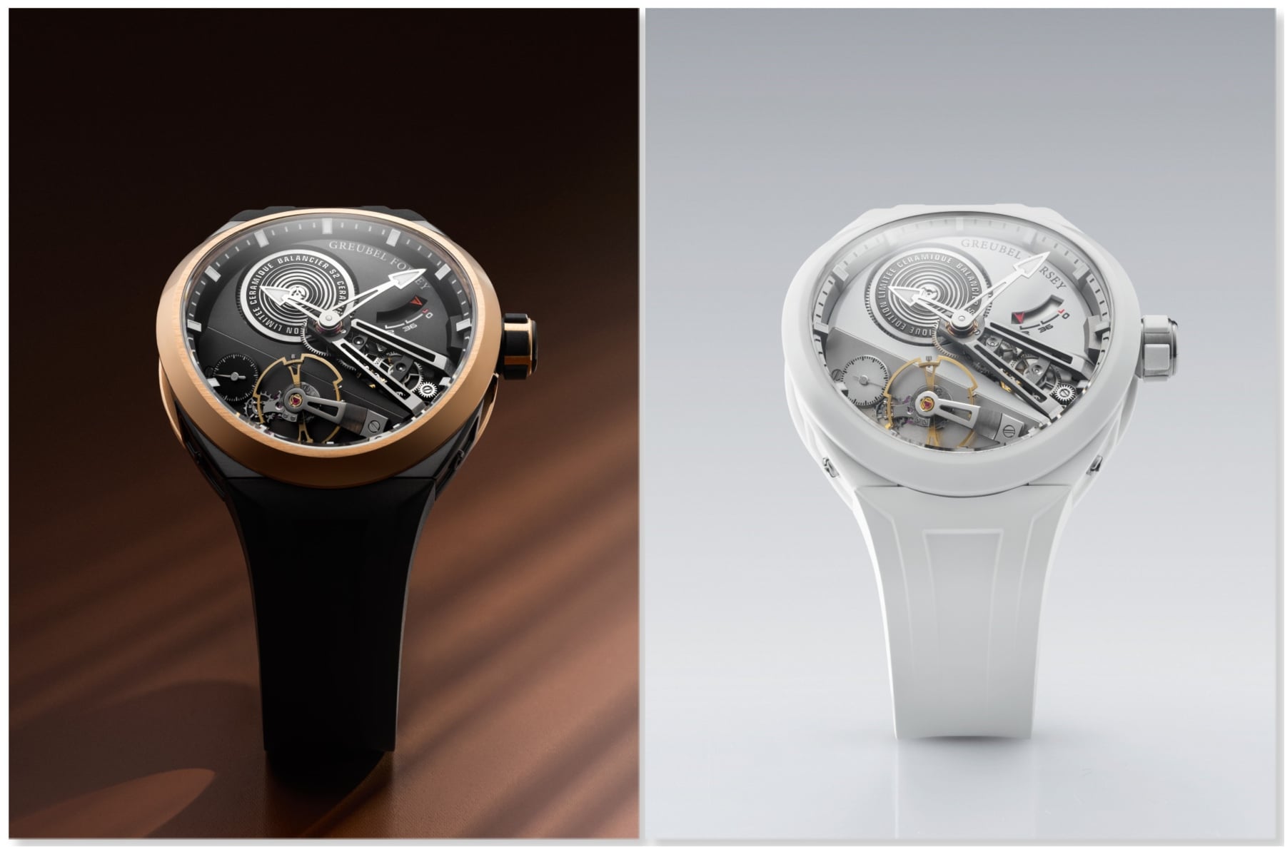 The final two versions of the Greubel Forsey Balancier Convexe S² side by side