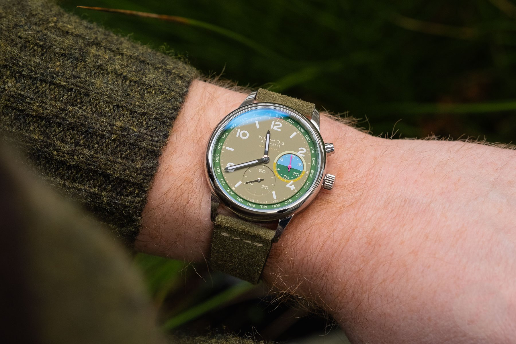 Nomos Club Sport Neomatik Worldtimer Jungle wrist shot