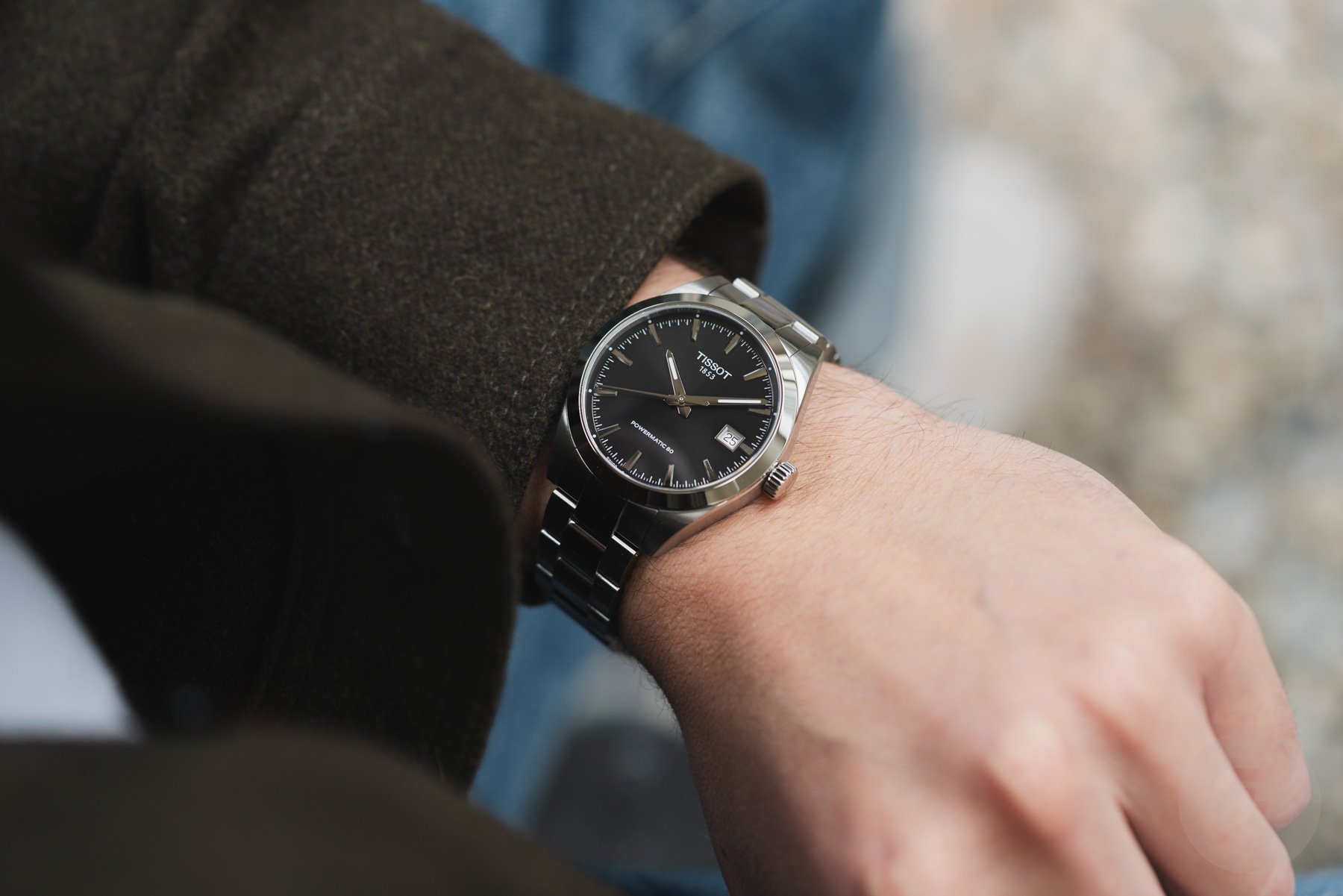 black-dial Tissot Gentleman 38mm wrist shot