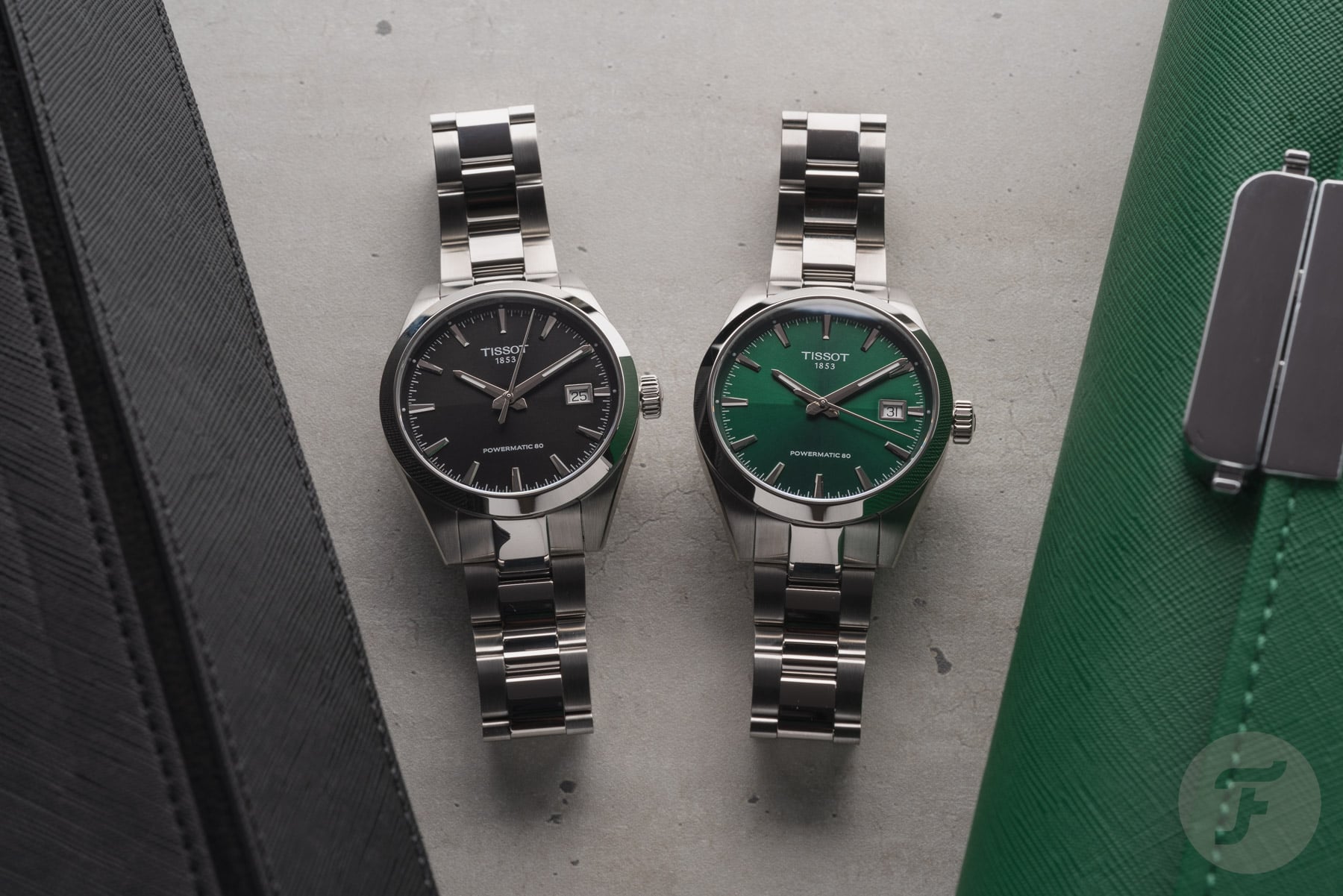 black- and green-dial Tissot Gentleman 38mm models side by side