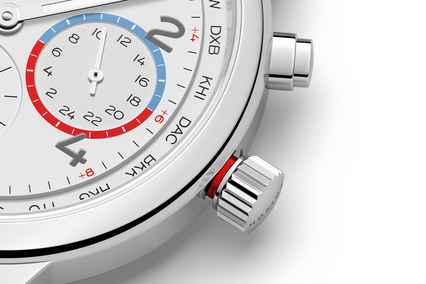 Nomos Club Sport Neomatik Worldtimer ref. 792 sub-dial, pusher, and crown