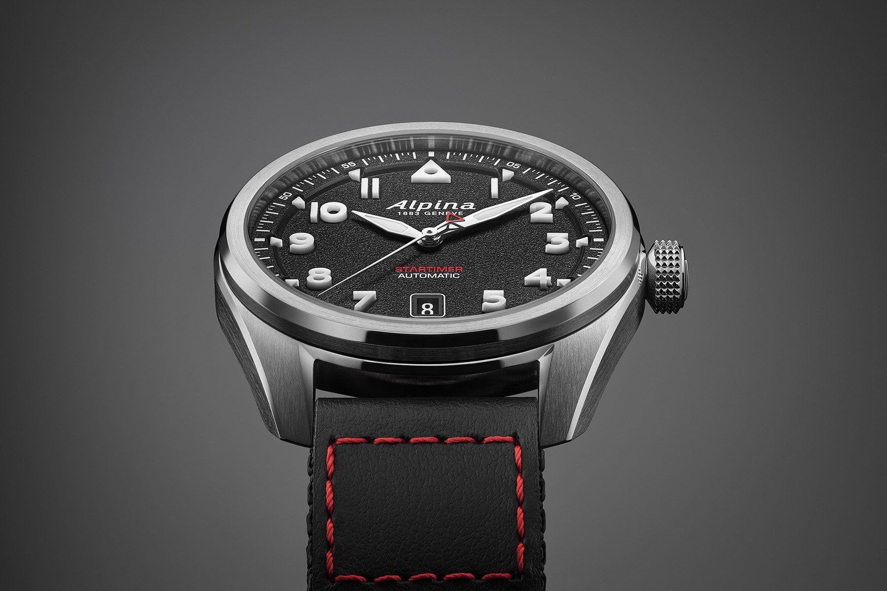 black-dial Alpina Startimer Pilot Automatic, tilted back