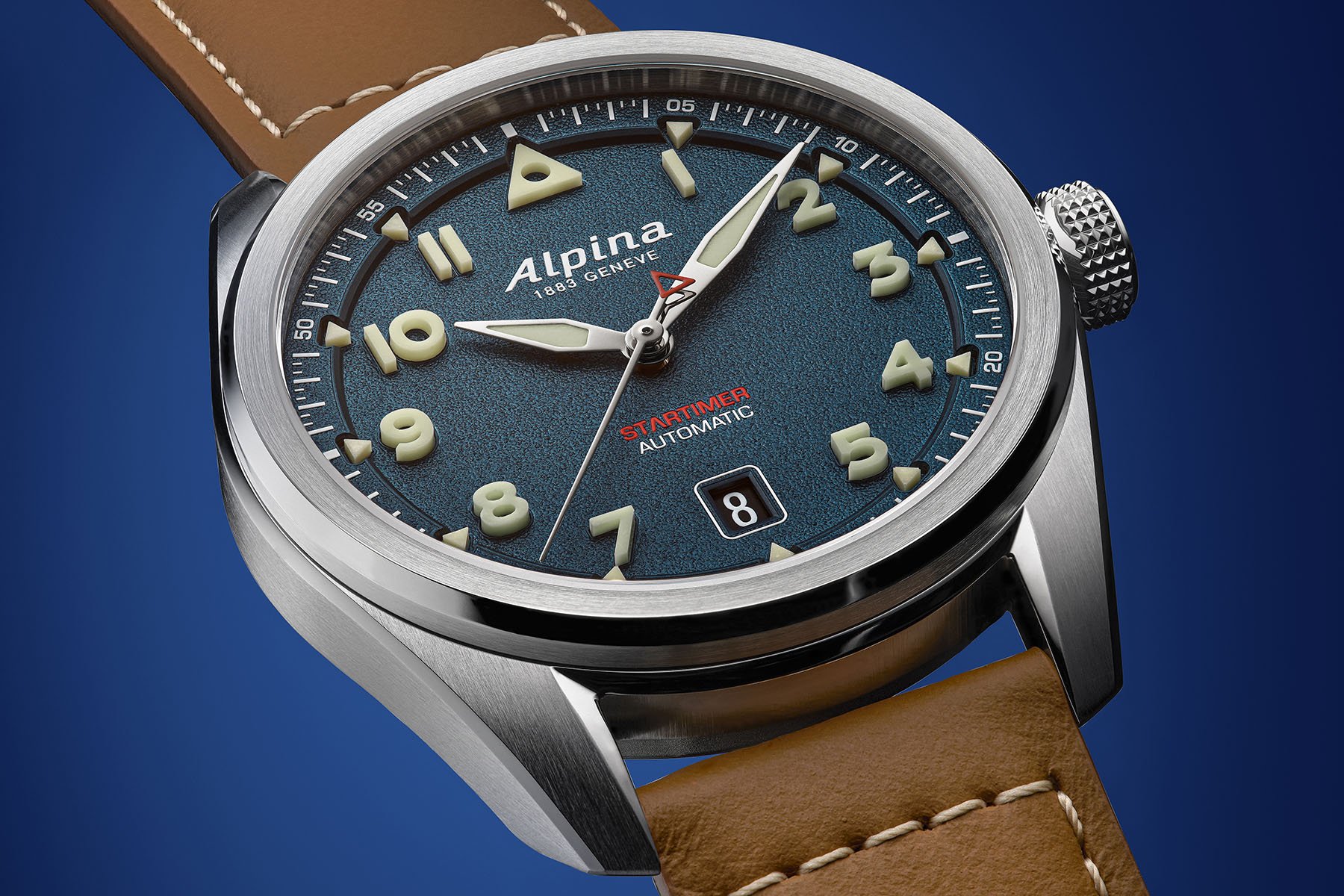 blue-dial Alpina Startimer Pilot Automatic up close