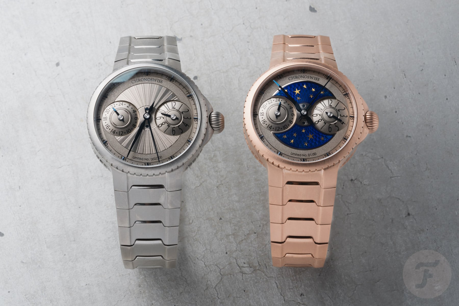 titanium and rose gold Chronoswiss Pulse GMT models side by side