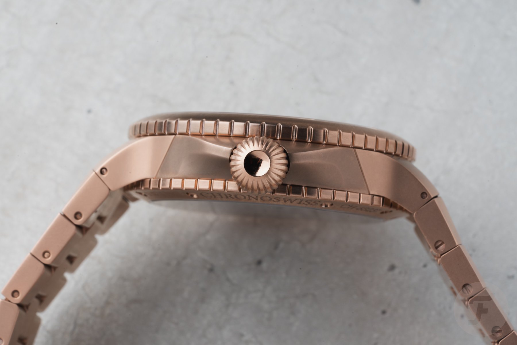 rose gold Chronoswiss Pulse GMT profile, crown side