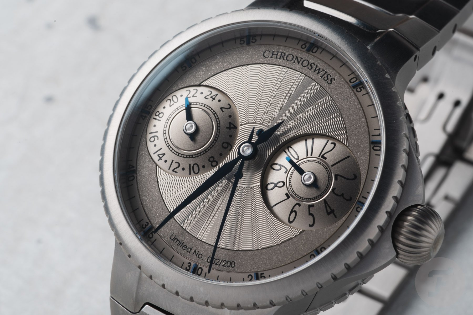 titanium Chronoswiss Pulse GMT dial up close