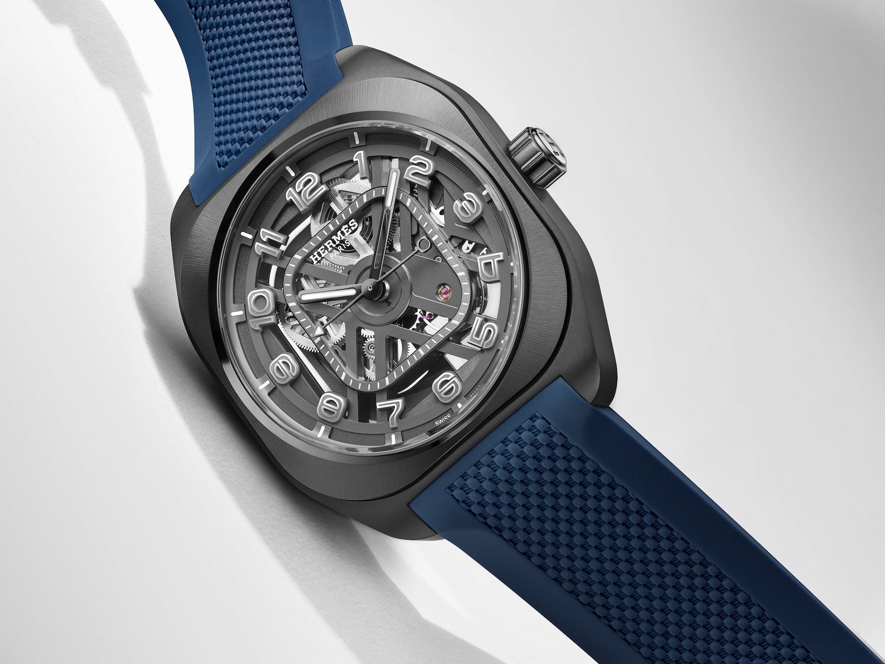 gray Hermès H08 Squelette on its side, crown up