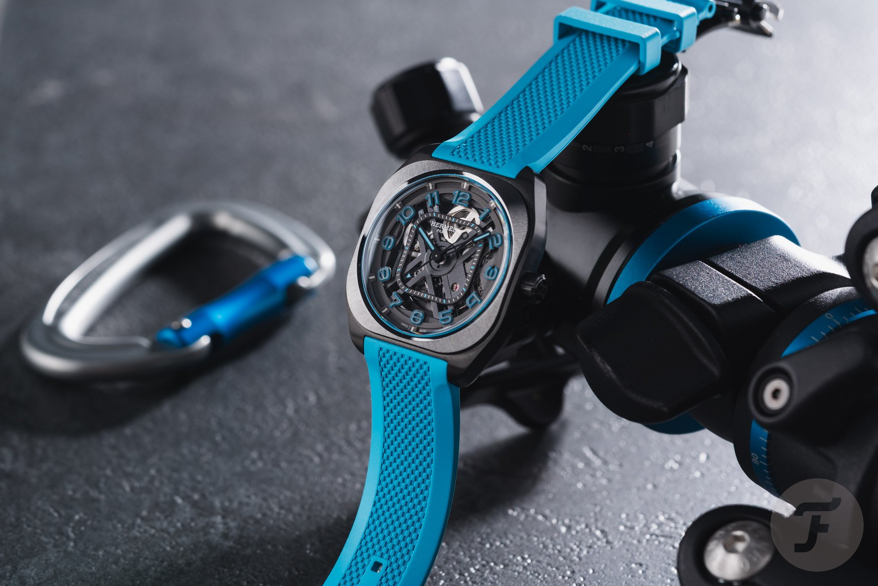 Hermès H08 Squelette propped up against camera rig