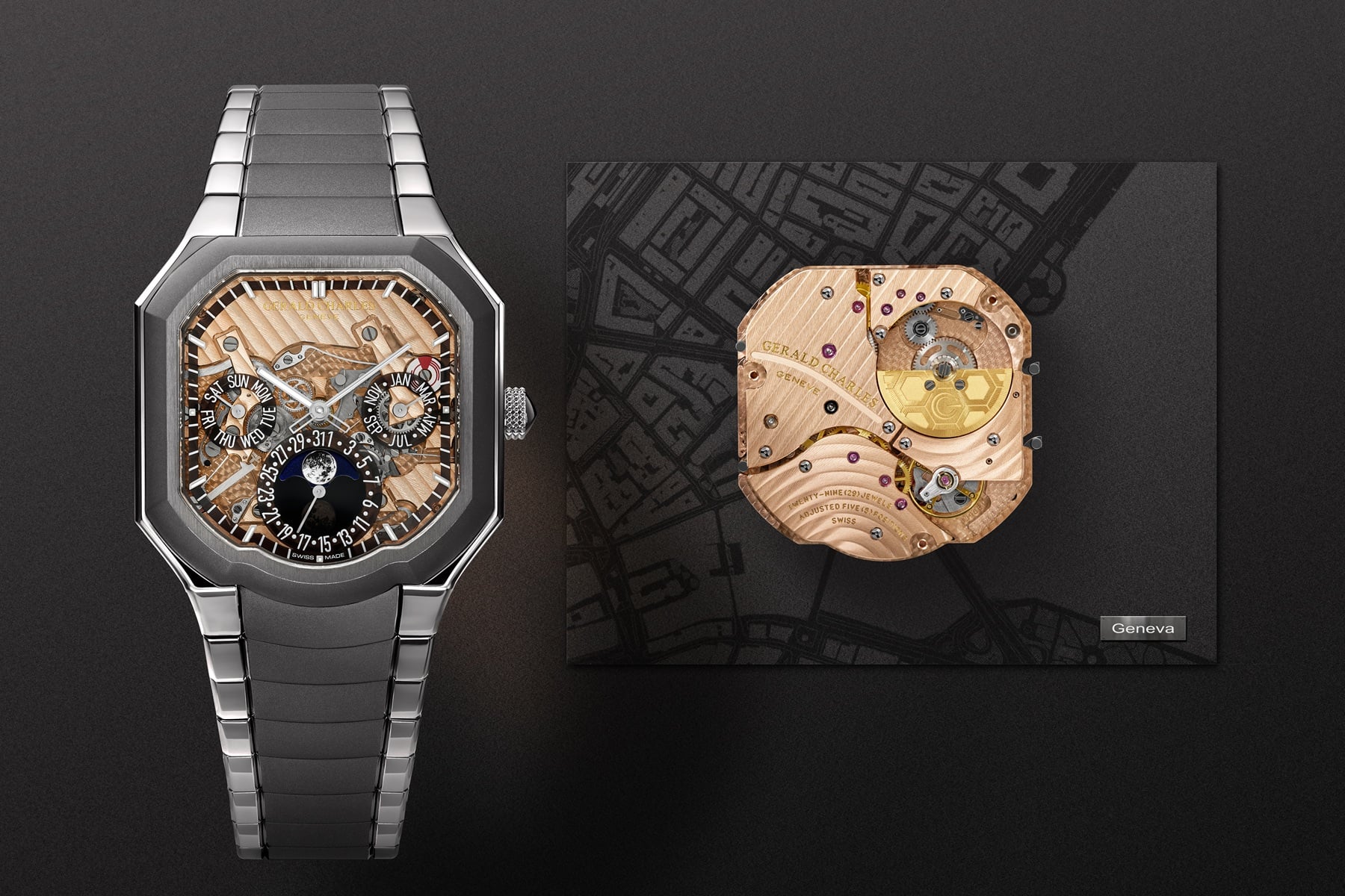 Gerald Charles Masterlink Perpetual Calendar and its movement next to each other