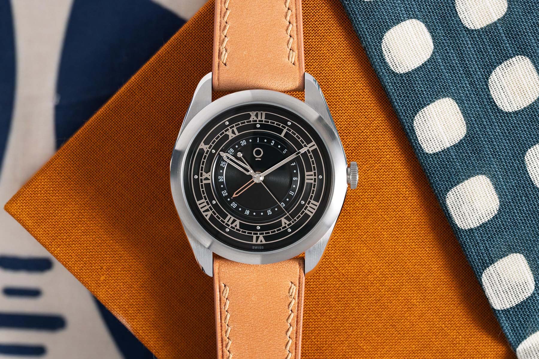 OraOrea Coriolis Pointer Date Rhodium Black flat-lay, head on