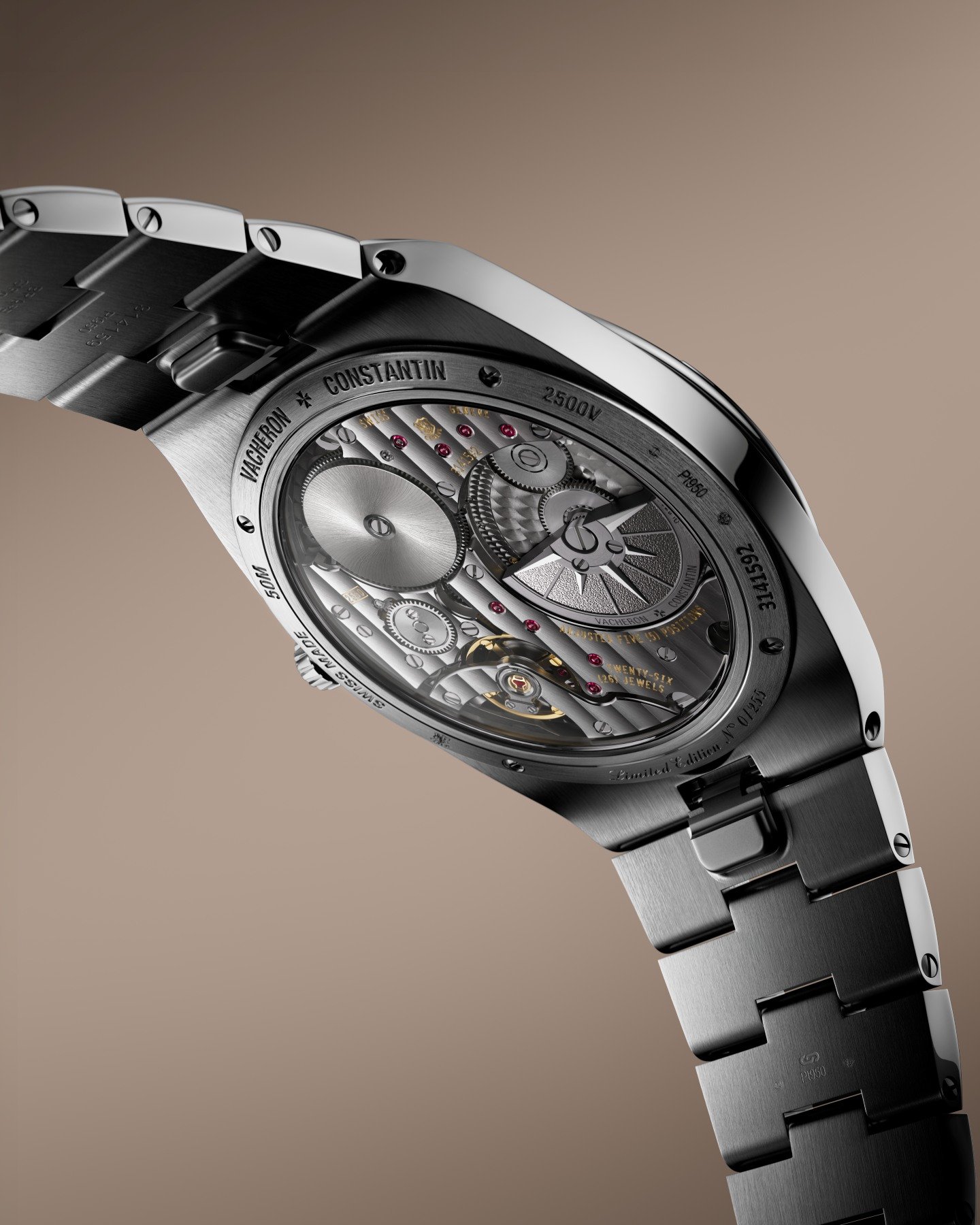 case back and movement of the platinum Vacheron Constantin Overseas Self-Winding Ultra-Thin ref. 2500V / 210P-H028