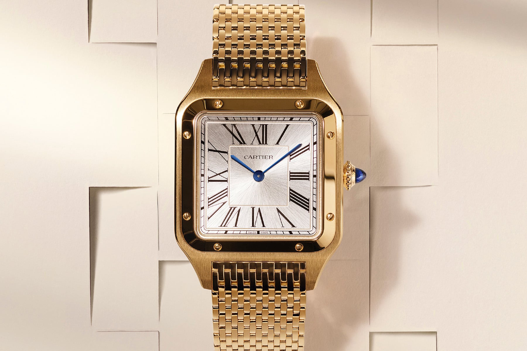 gold Cartier Santos-Dumont with bracelet up close