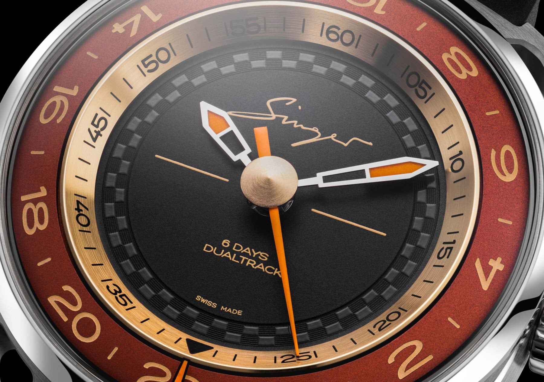 Singer Reimagined DualTrack Horizon Red dial up close