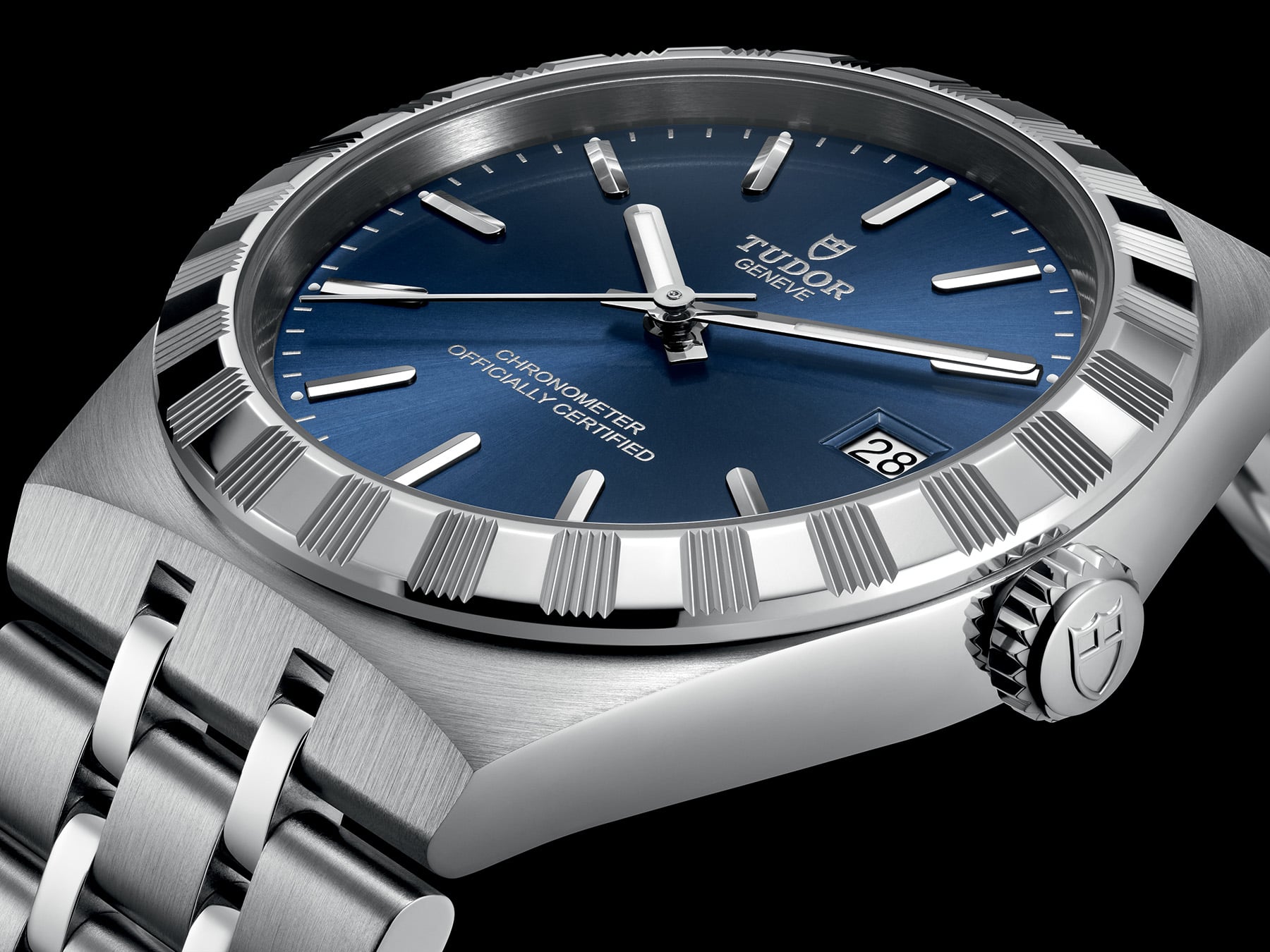 36mm blue-dial Tudor Royal angled profile view