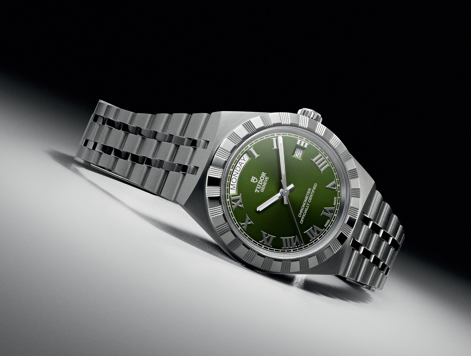 40mm green-dial Tudor Royal on its side, crown up
