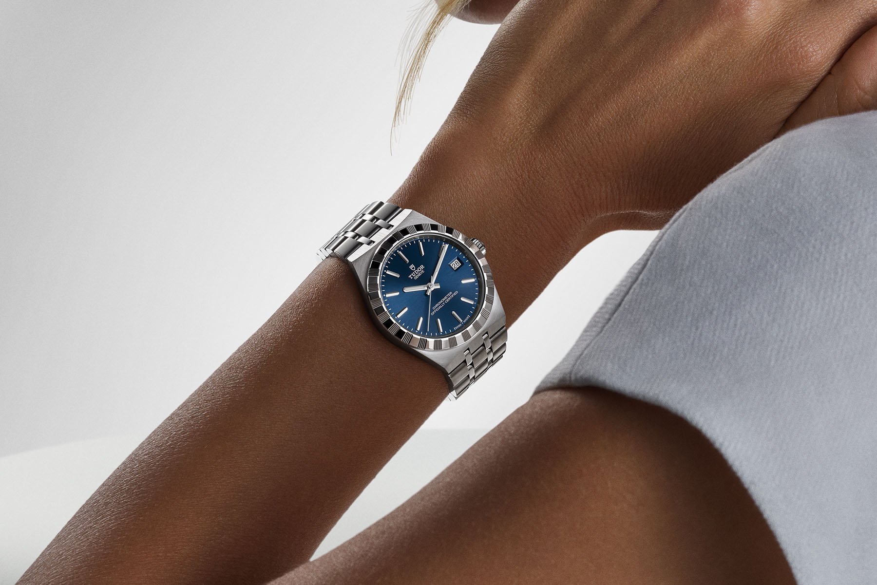 36mm blue-dial Tudor Royal on woman's wrist