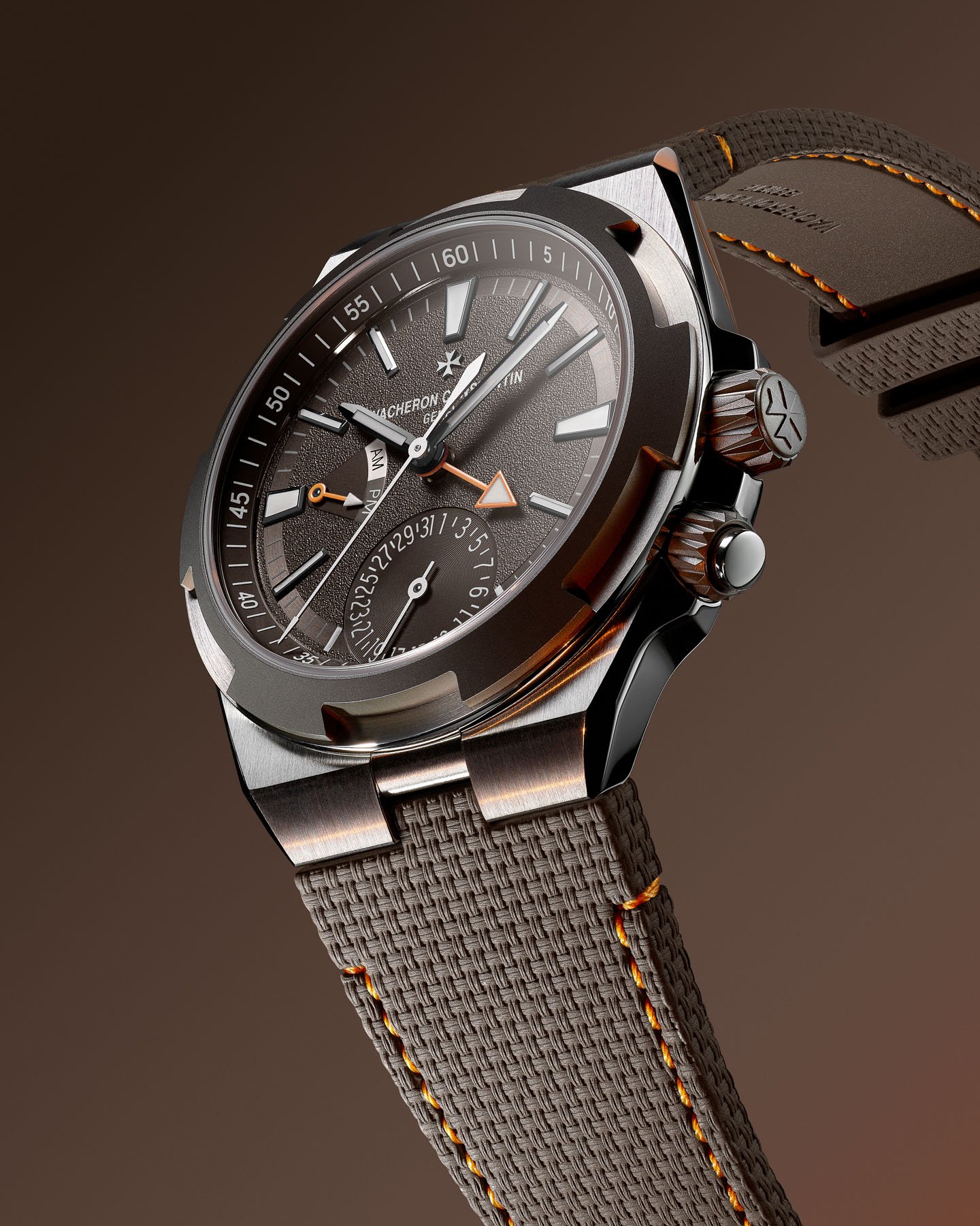 brown-dial Vacheron Constantin Overseas Dual Time Cardinal Points on matching strap