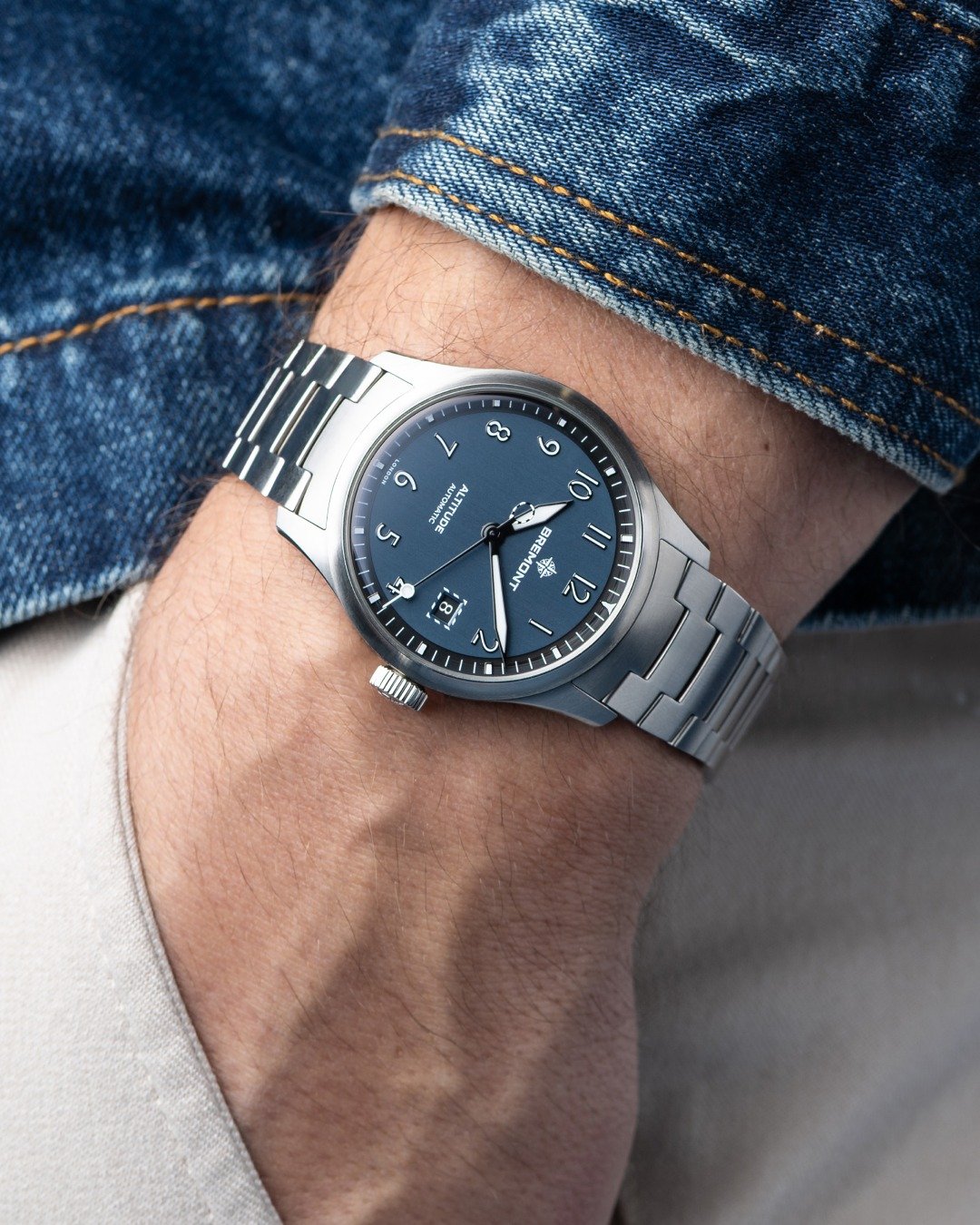 Pocket shot of the Bremont Altitude 39 Date Air Force Blue