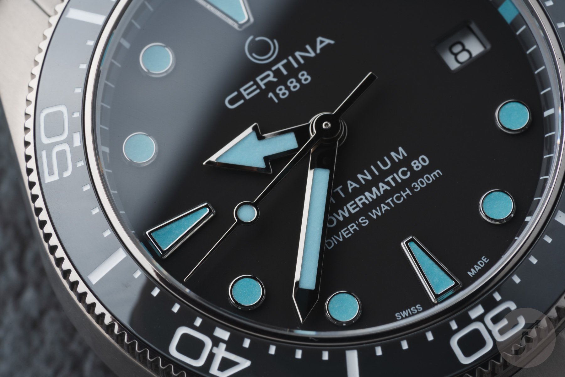 Certina DS Action Diver 38mm Titanium dial and hands up close