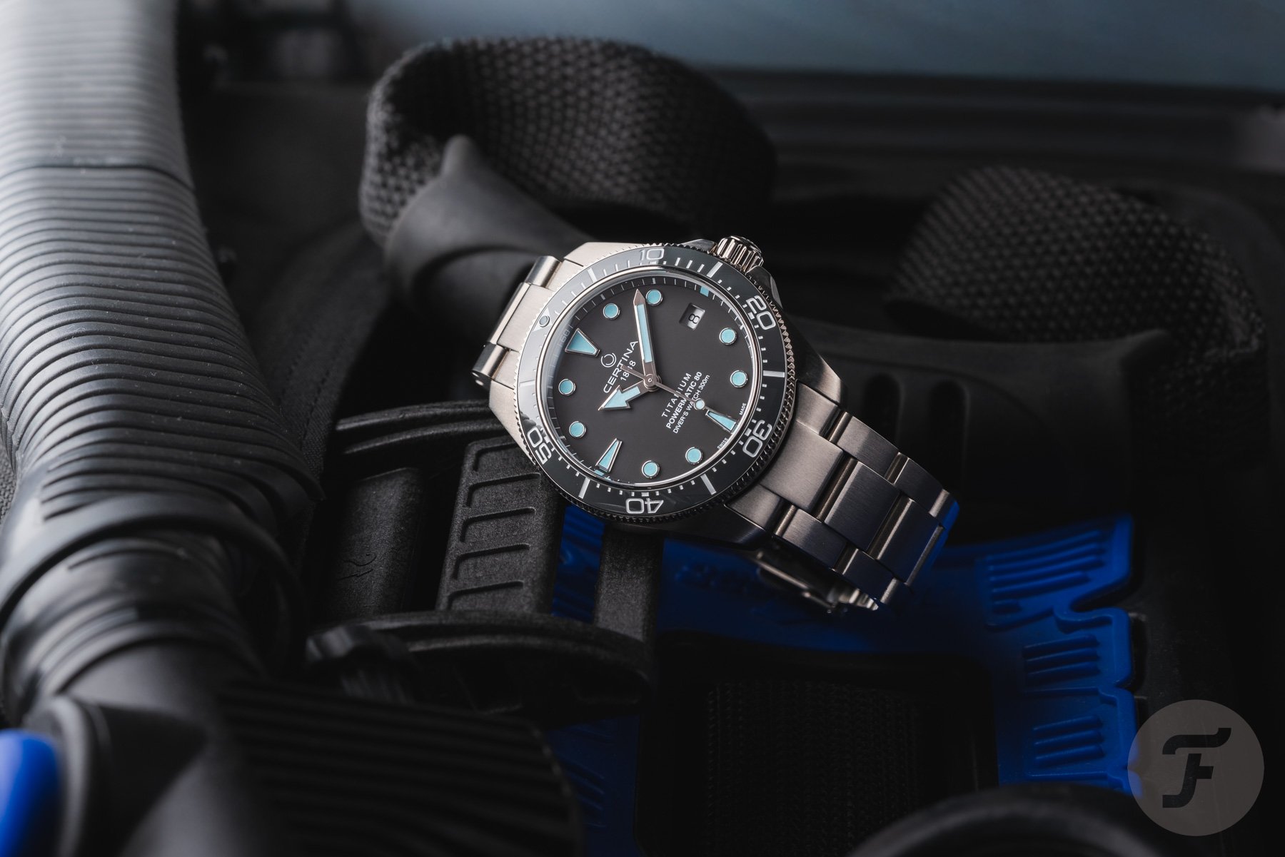Certina DS Action Diver 38mm Titanium on its side, crown up