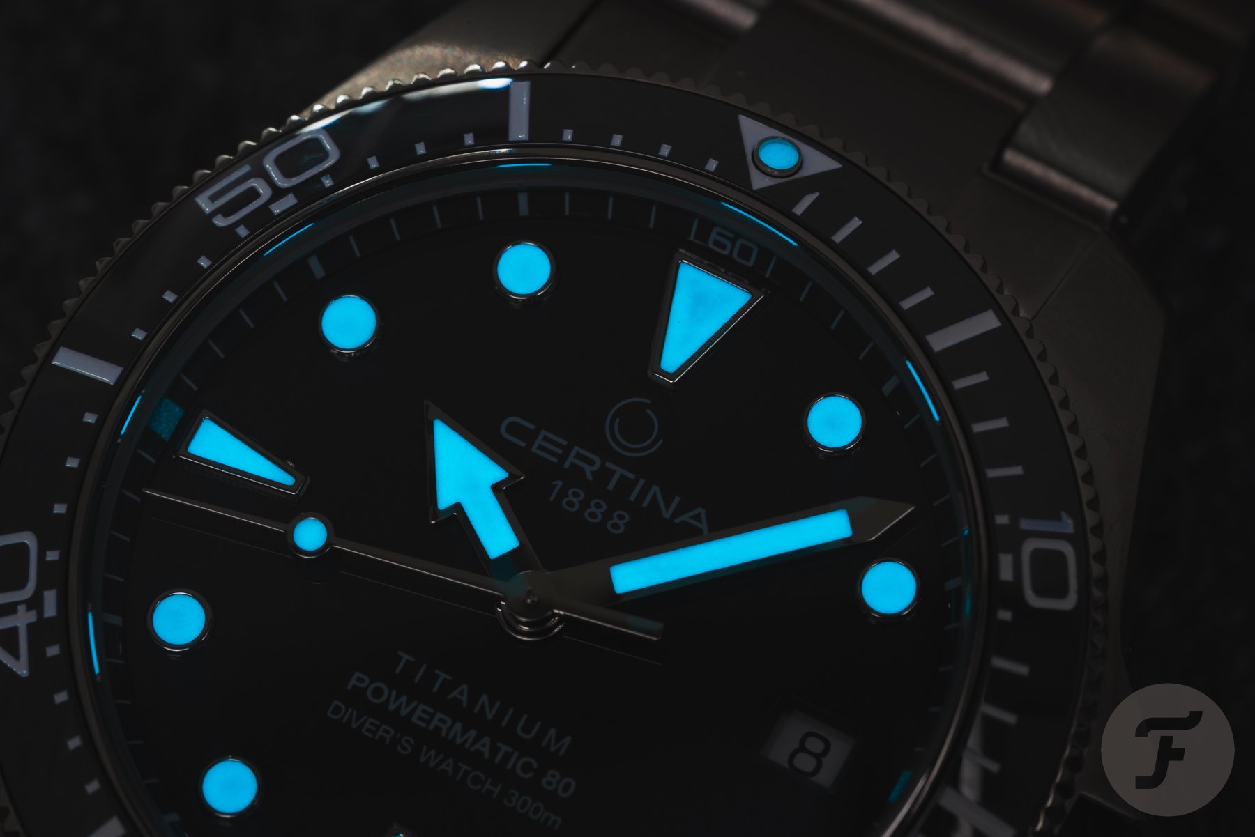 Certina DS Action Diver 38mm Titanium up-close lume shot