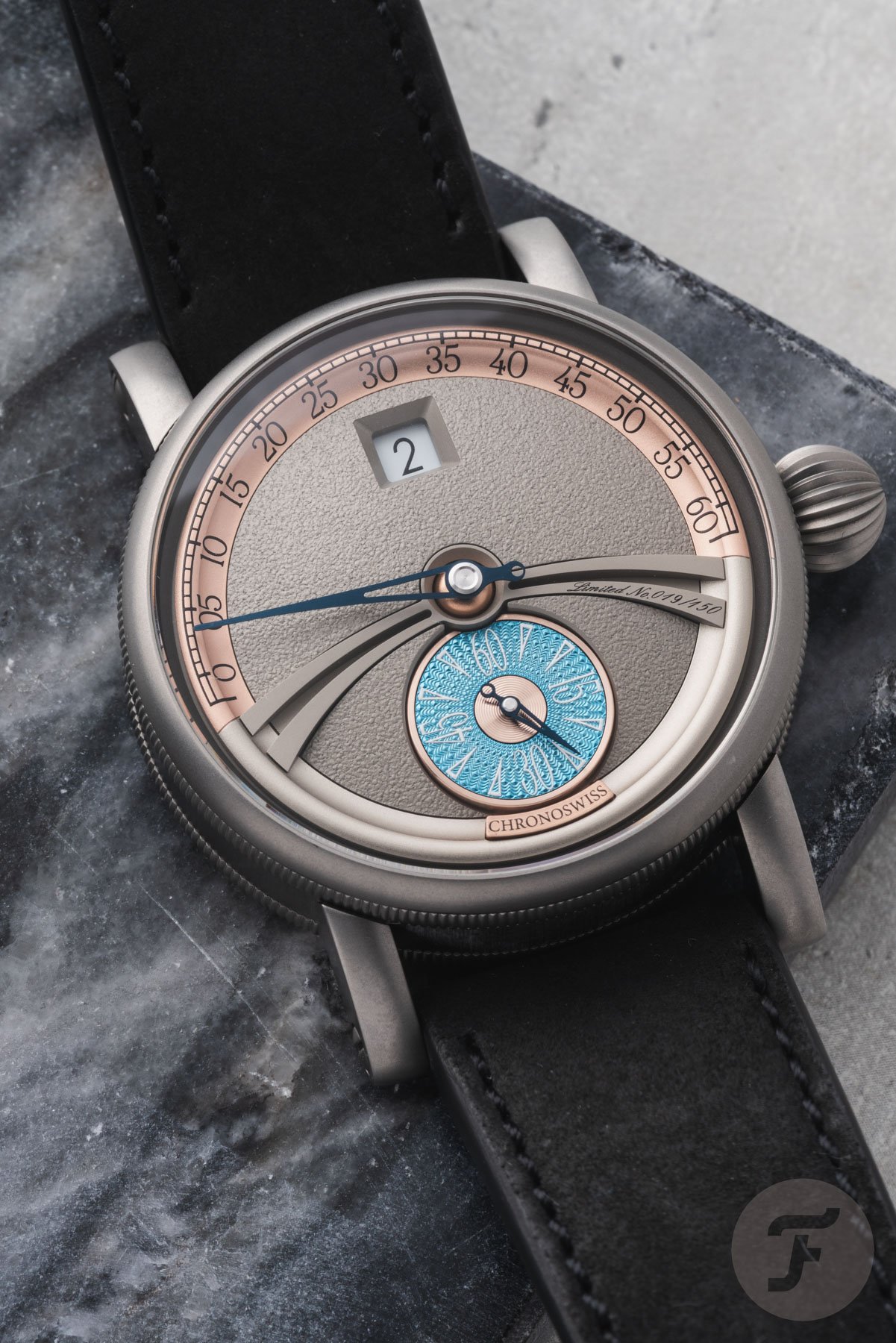 Frontal view of the Chronoswiss Delphis Art Deco
