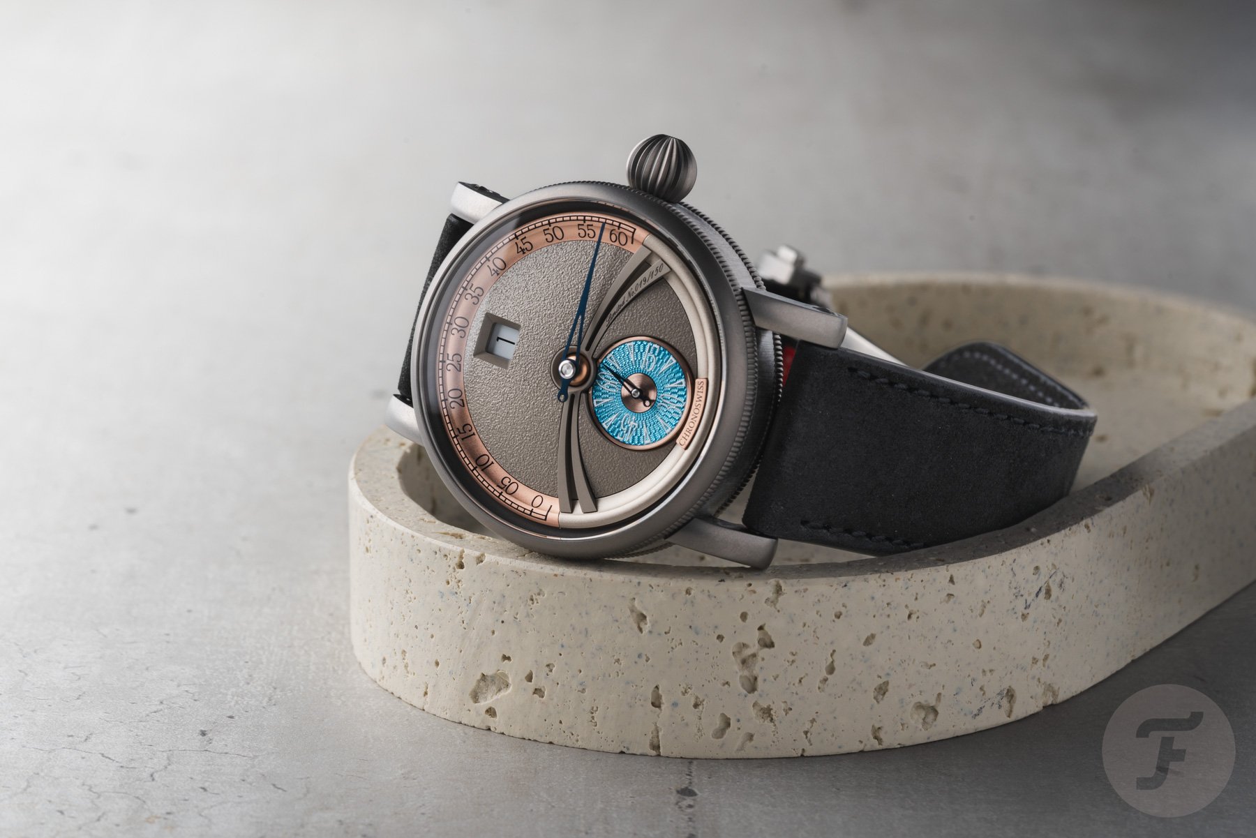 Chronoswiss Delphis Art Deco on its side in a tray