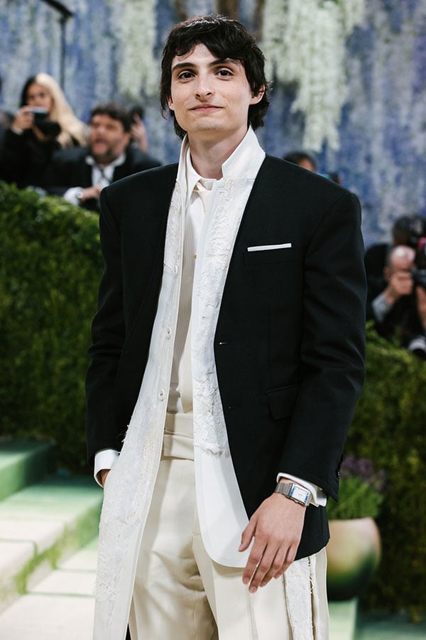 Finn Wolfhard wearing white gold Jaeger-LeCoultre Reverso Tribute Monoface Small Seconds "Or Deco Cocktail" ref. Q713311J at the Met Gala 2026