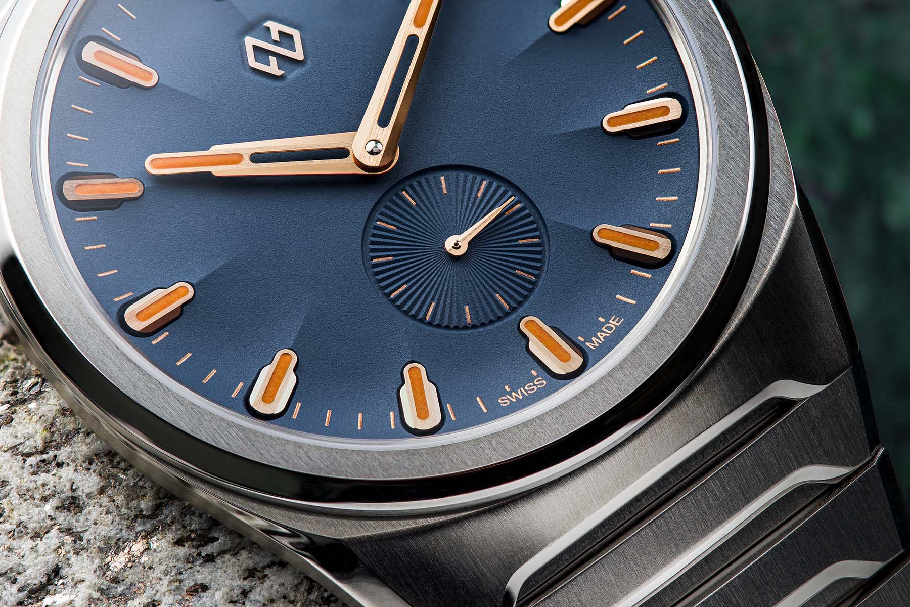 blue-dial Formex Aria Manufacture Chronometer up close, focus on sub-seconds register