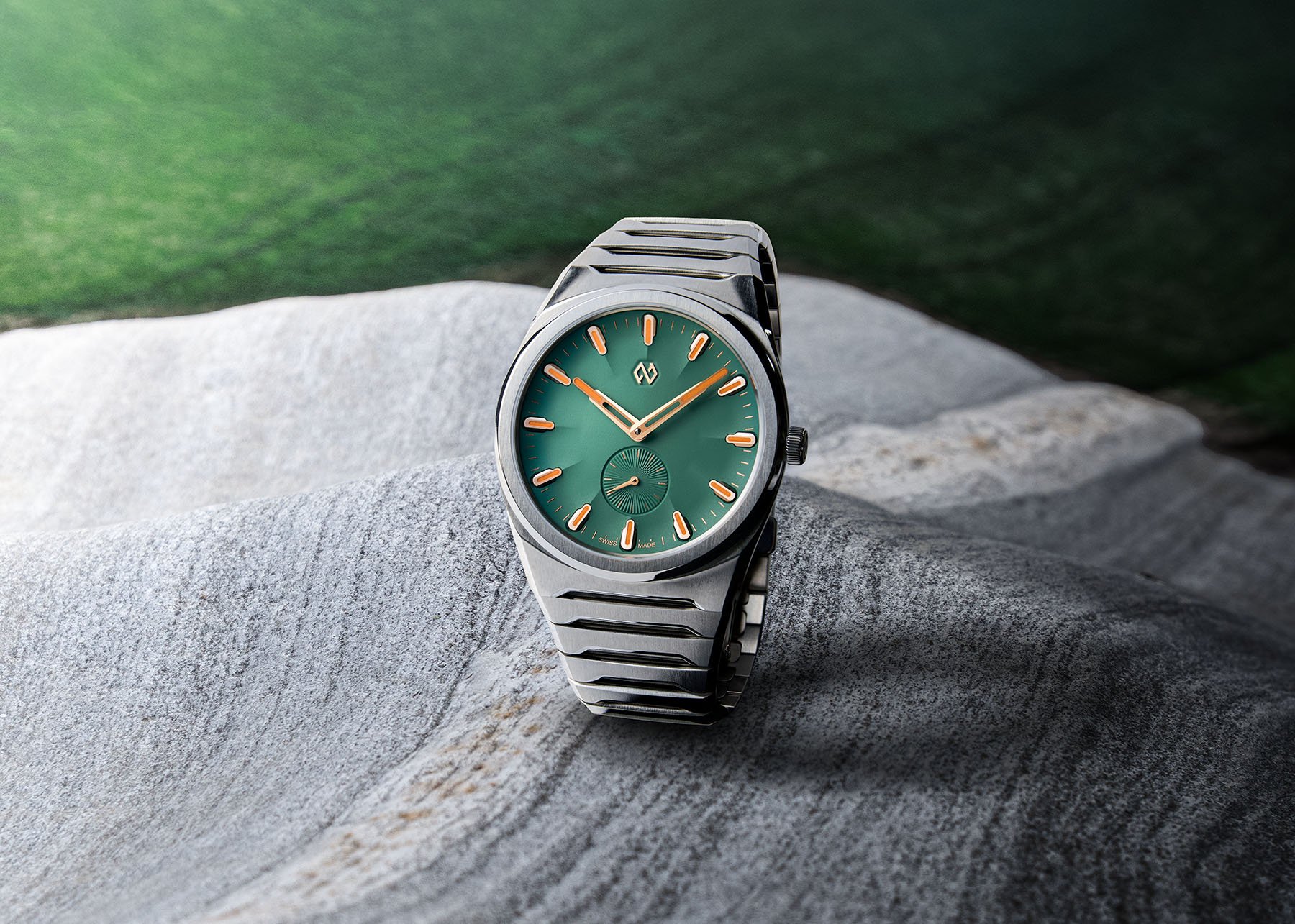 green-dial Formex Aria Manufacture Chronometer standing up on slate