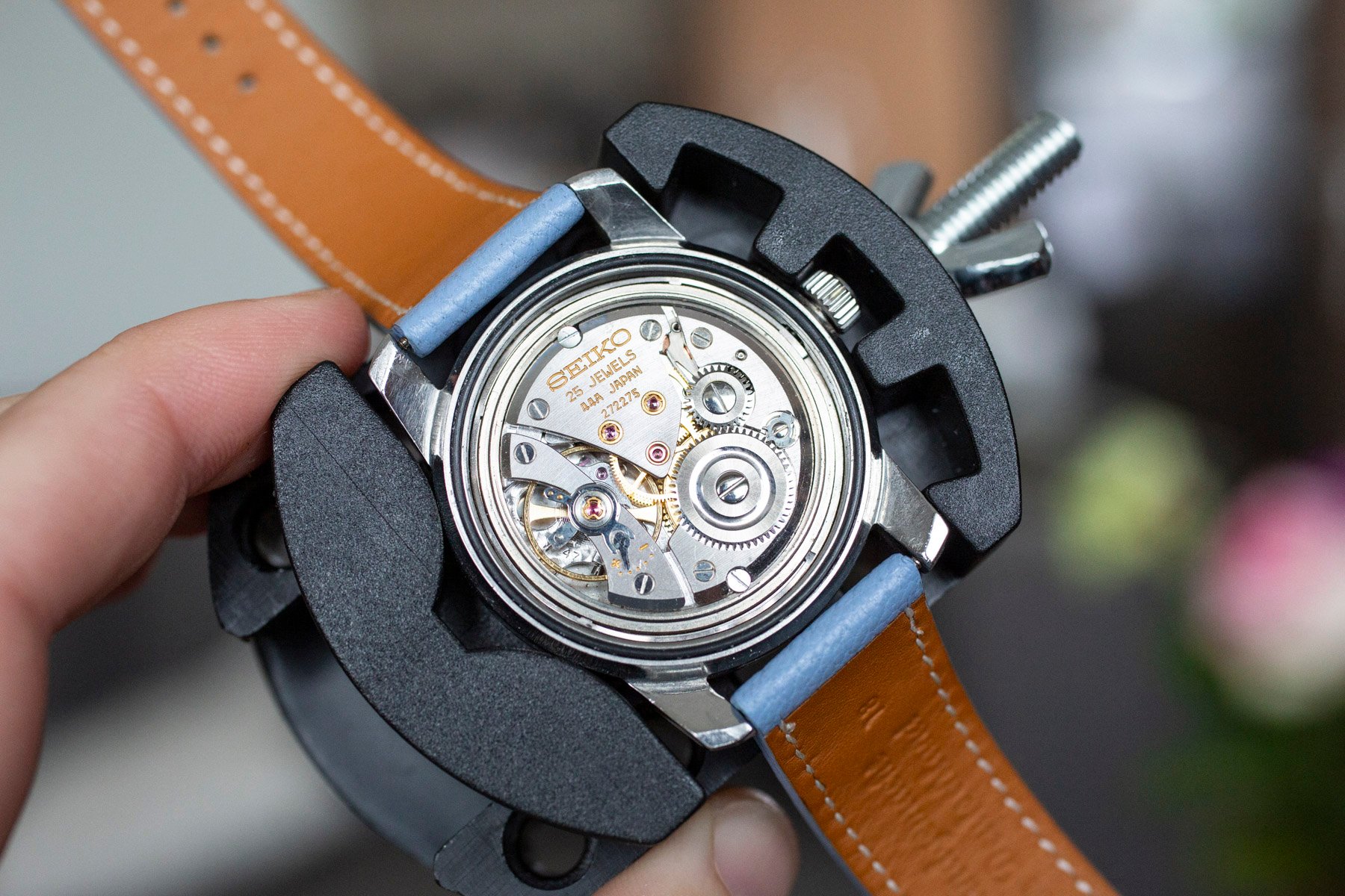 King Seiko 44-9990 in case holder, back removed