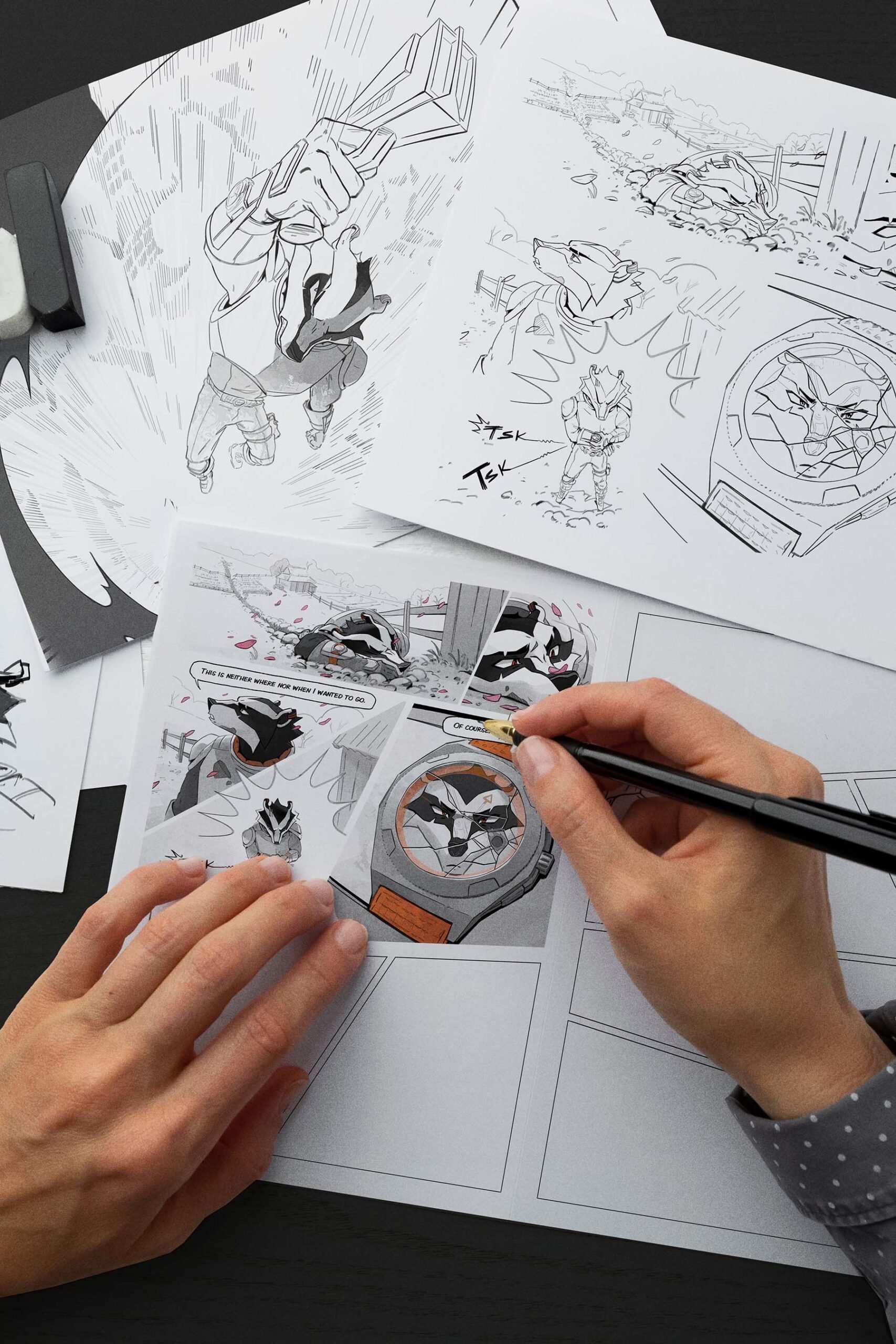 artist Henri drawing the Black Badger comic