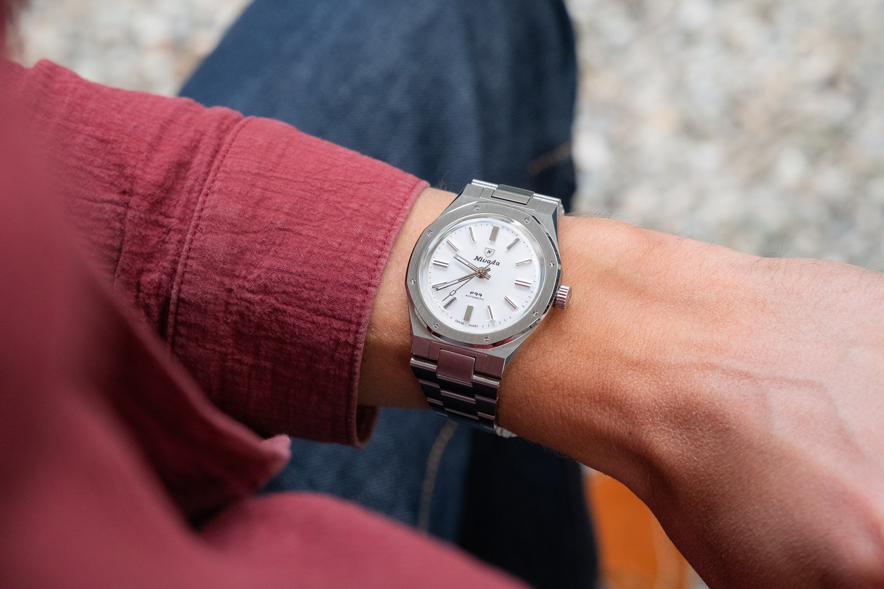 Nivada Grenchen × Le Petit Poussoir F77 Polar White MK1 on wrist