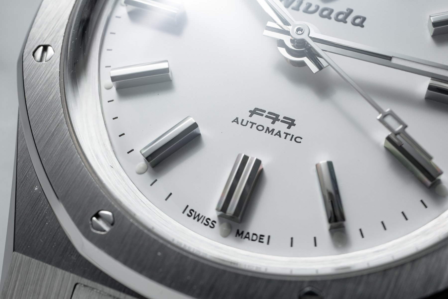 Nivada Grenchen × Le Petit Poussoir F77 Polar White MK1 dial and indexes up close