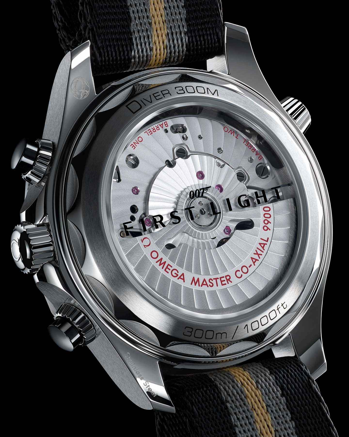 Omega Seamaster Diver 300M Chronograph 007 First Light case back and movement