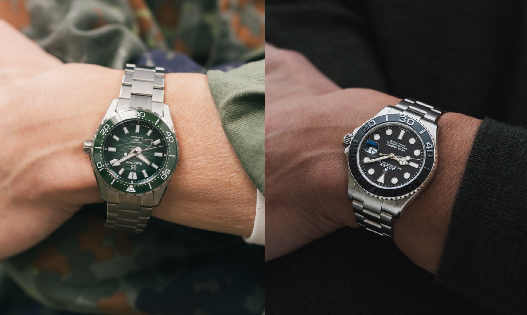 Grand Seiko Ushio 300 vs. titanium Rolex Yacht-Master 42 collage