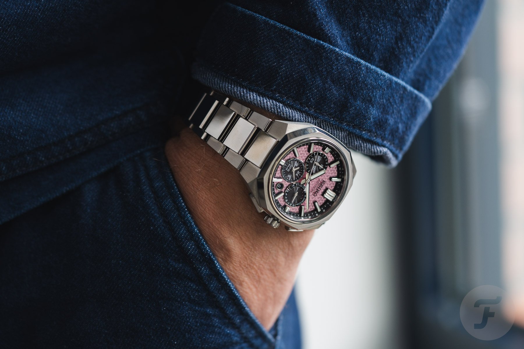 Pocket shot of the Seiko Astron GPS Solar Dual-Time Chronograph Crystal Pink (HAB006)