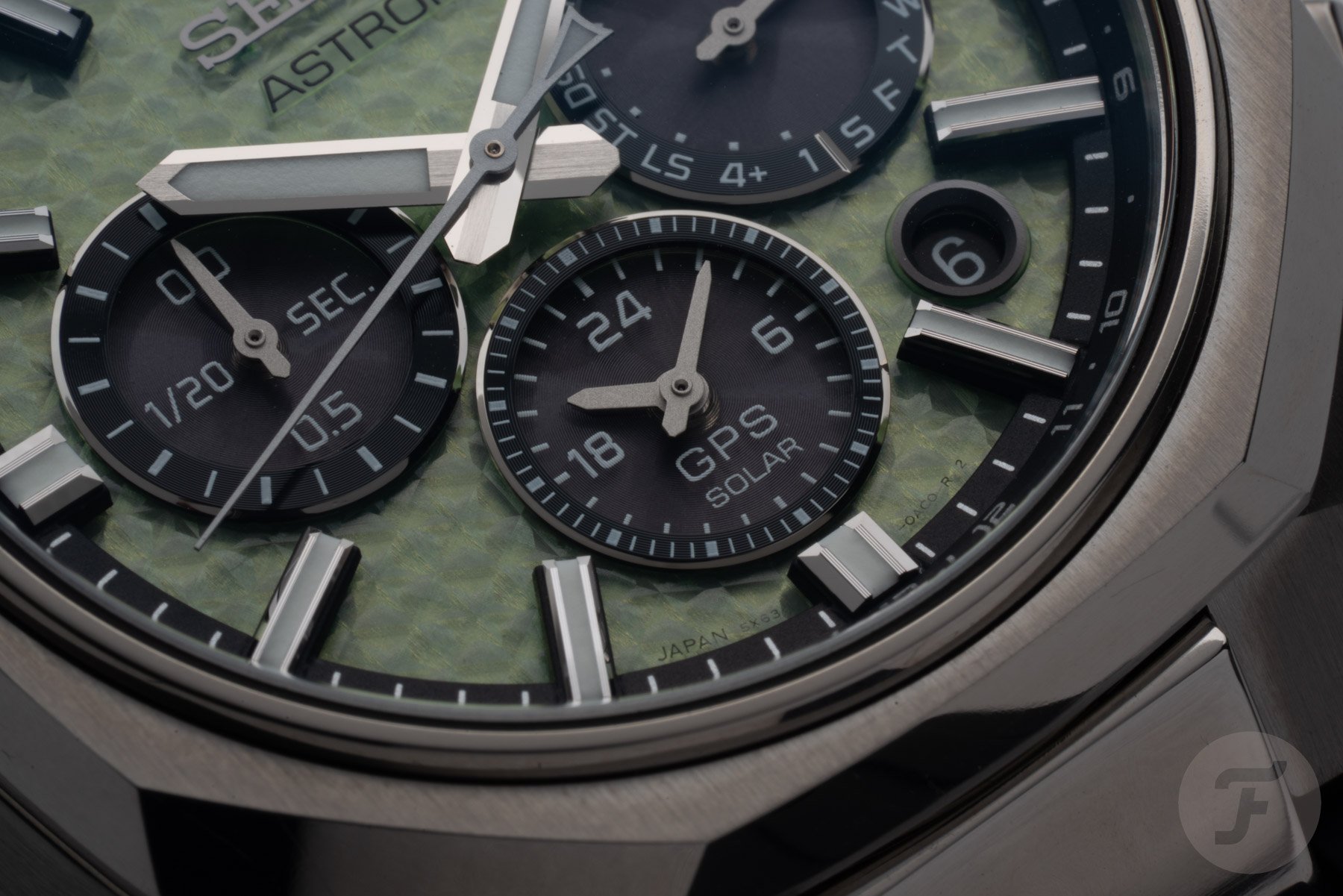Dial detail of the Seiko Astron GPS Solar Dual-Time Chronograph Crystal Green (HAB005)