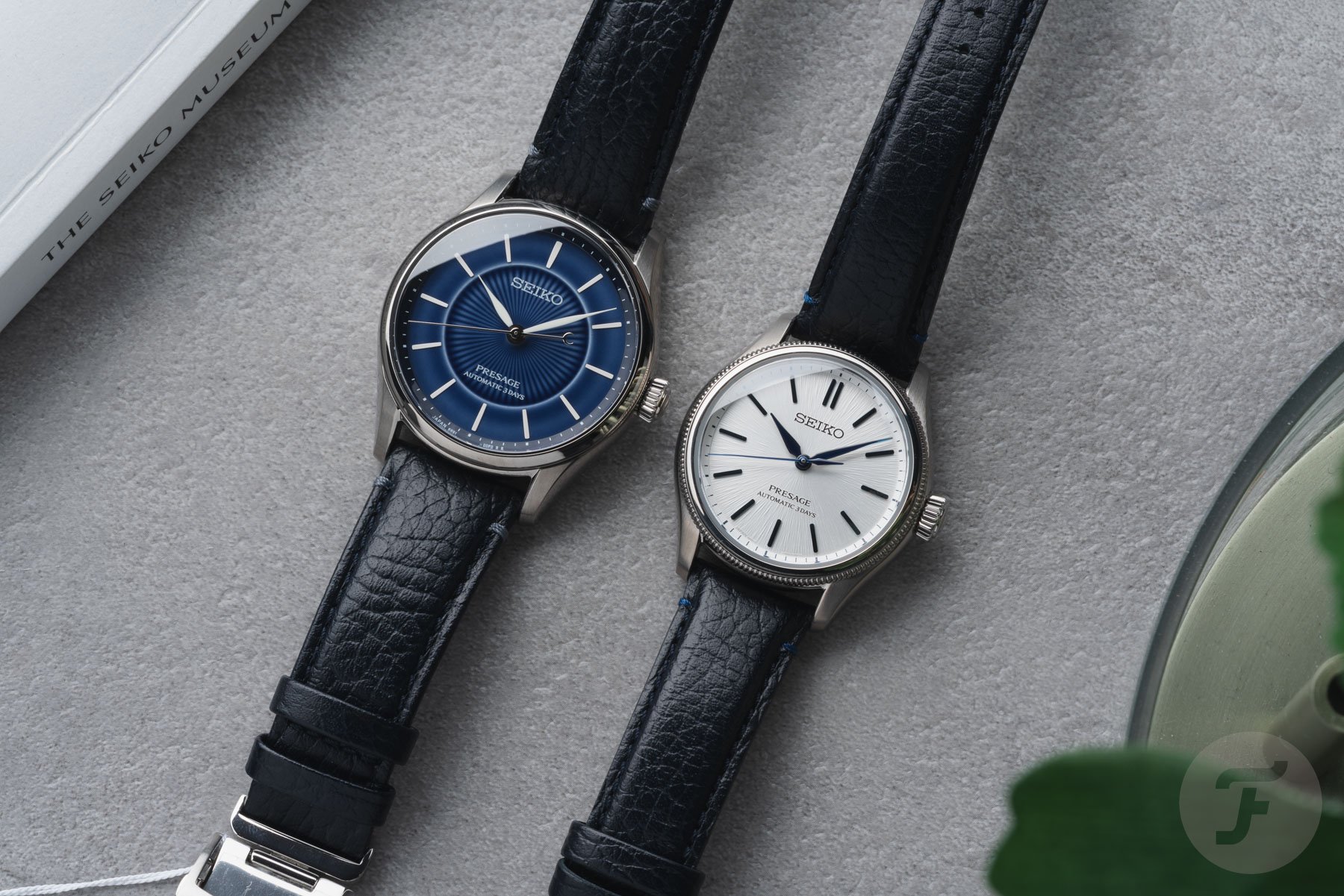 Seiko Presage Classic Series HCC007 and HCC004 side by side, flat-lay