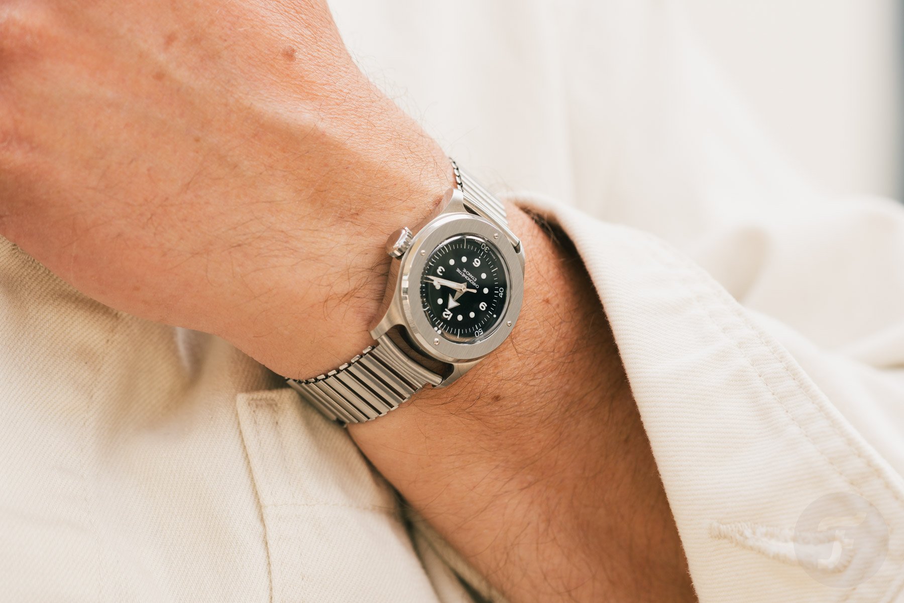 black-dial Serica 7505 on wrist