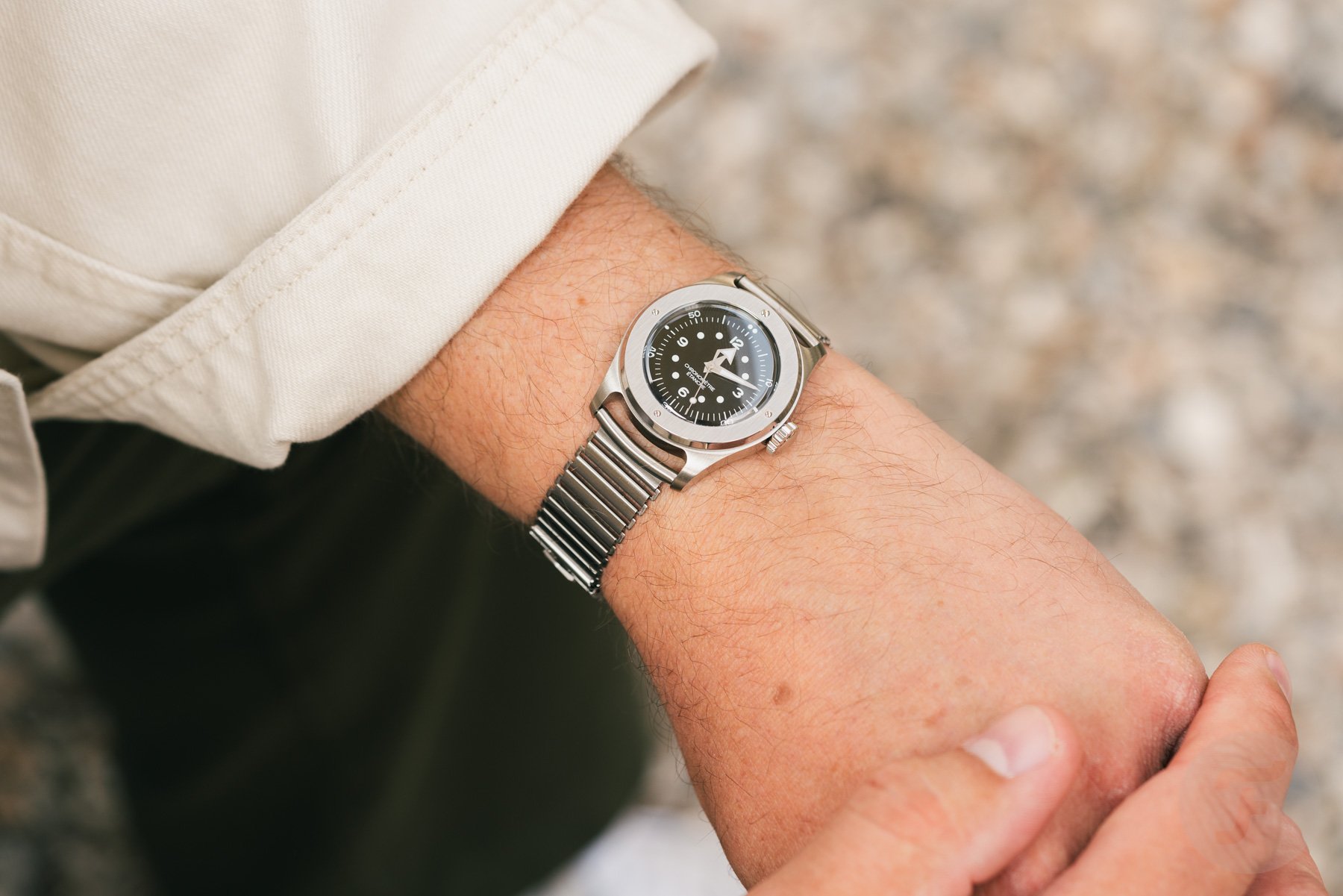 black-dial Serica 7505 on wrist