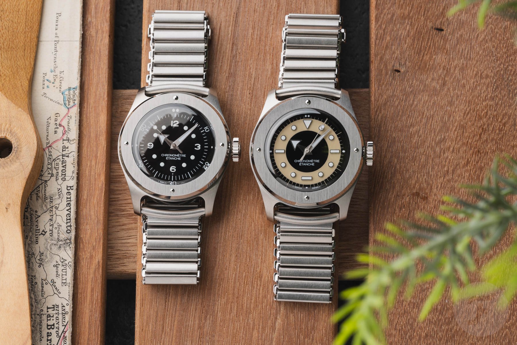 black- and tuxedo-dial Serica 7505 side by side, flat-lay