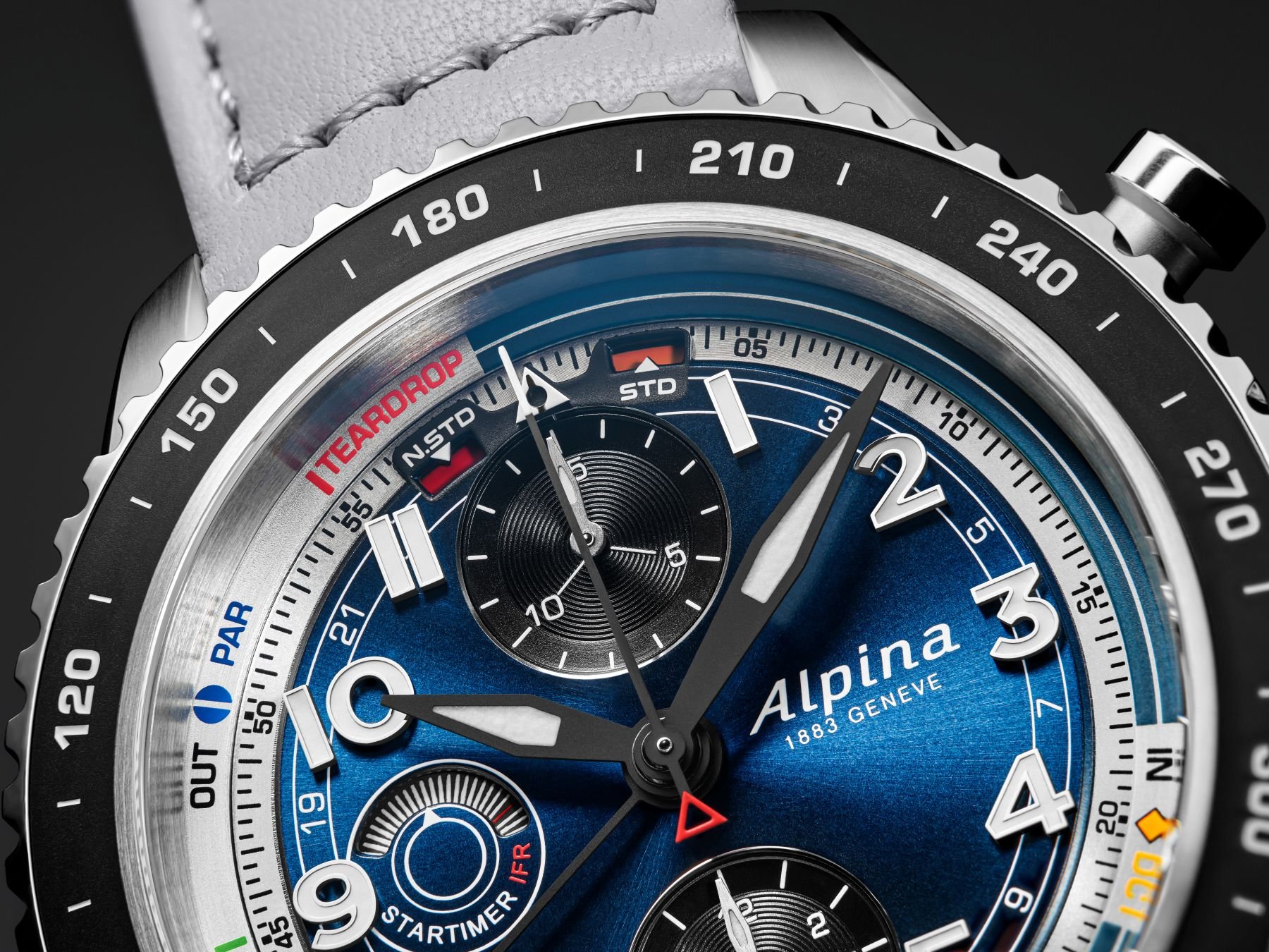 Dial and bezel of the Watch Angels × Alpina Startimer Pilot Chronograph Automatic IFR