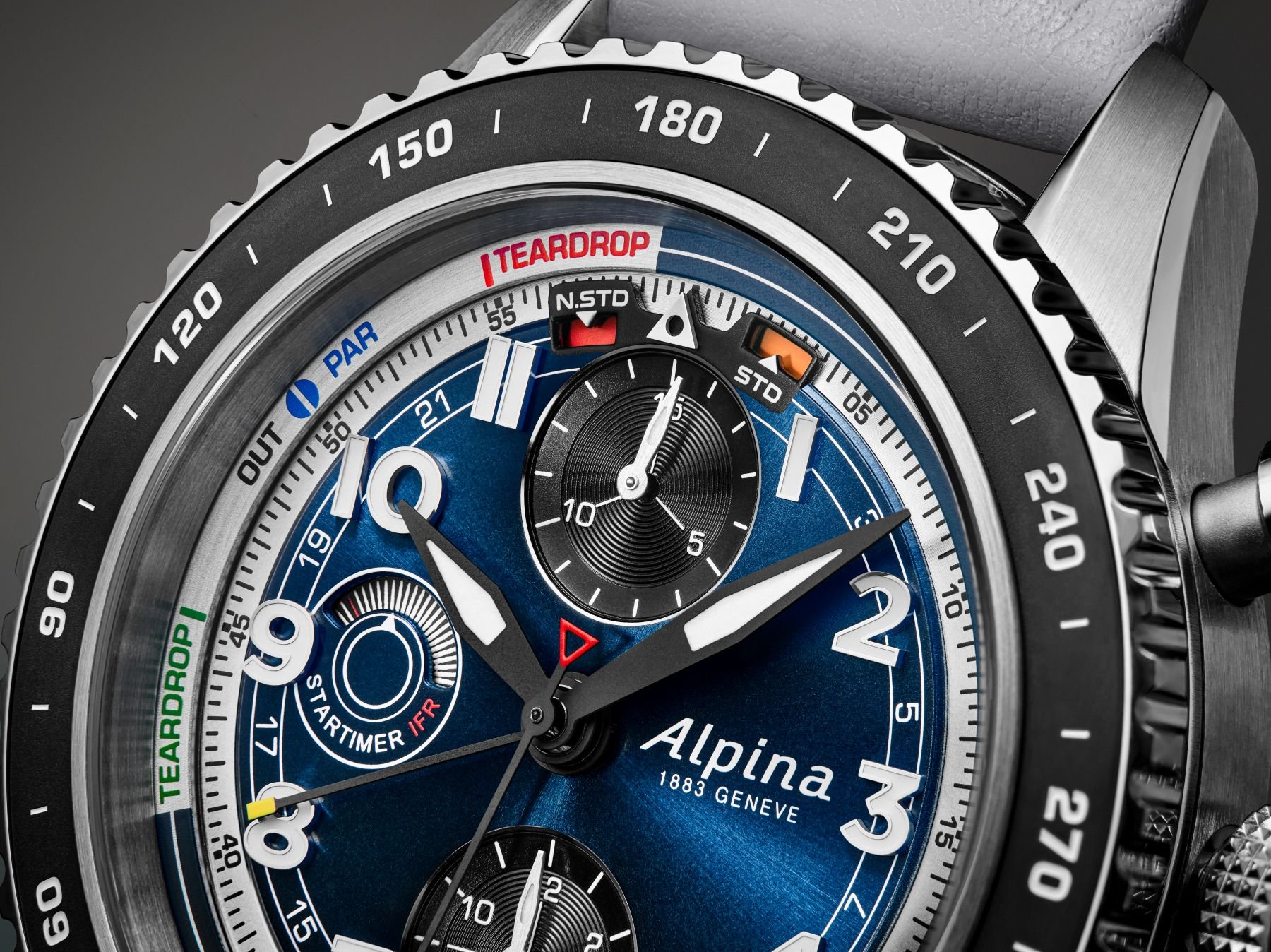 bezel and dial of the Watch Angels × Alpina Startimer Pilot Chronograph Automatic IFR