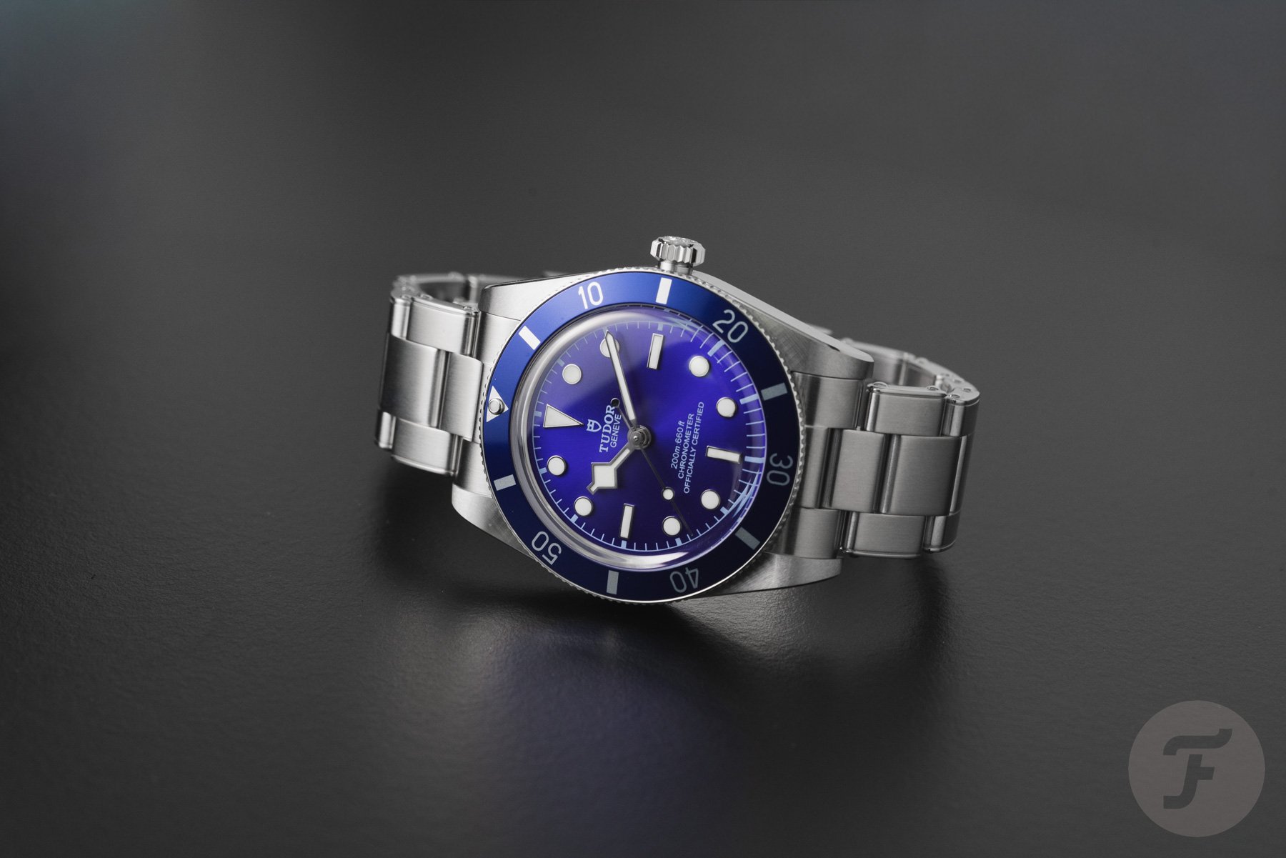 blue Tudor Black Bay 54 on its side, crown up