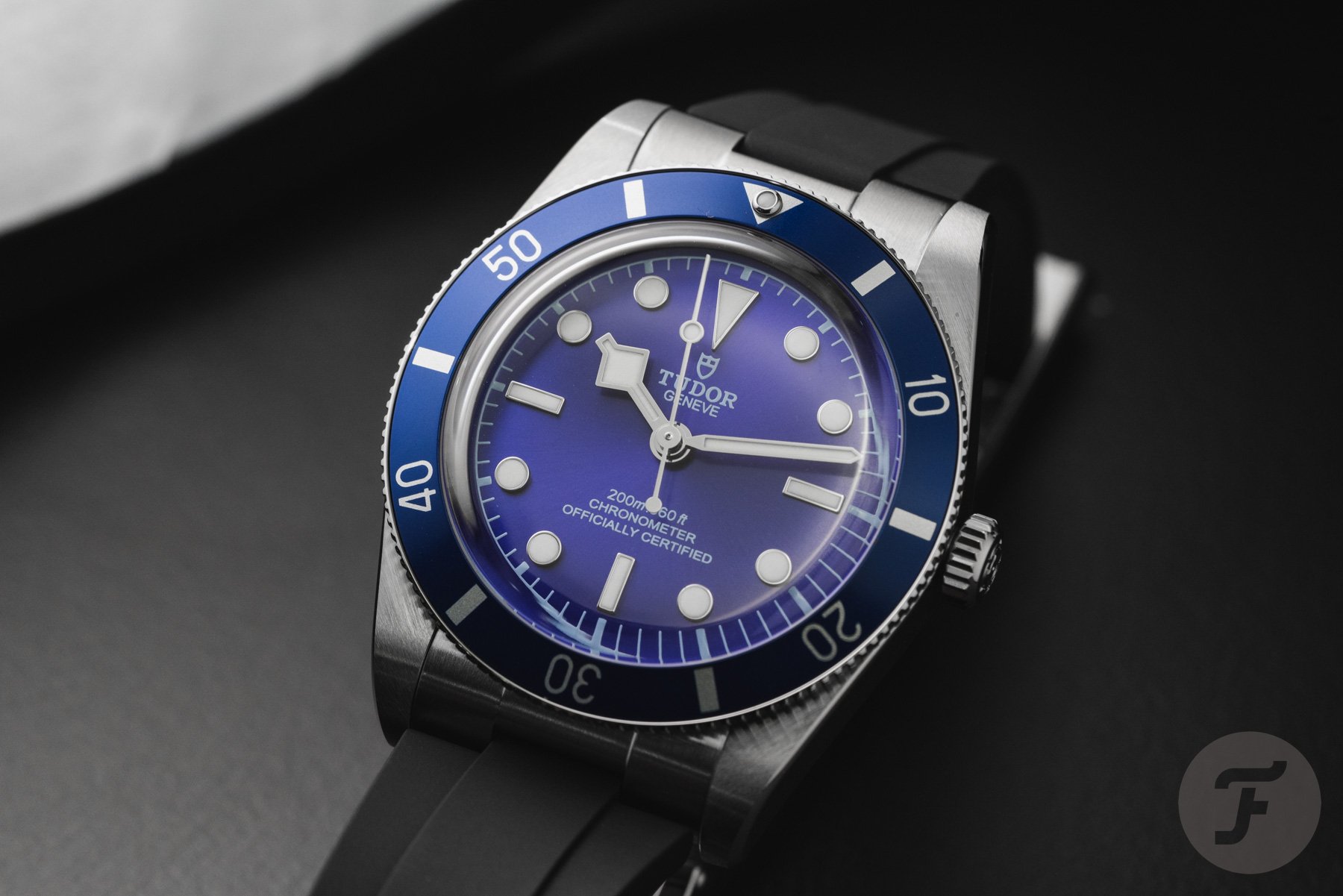 blue Tudor Black Bay 54 propped up with rubber strap